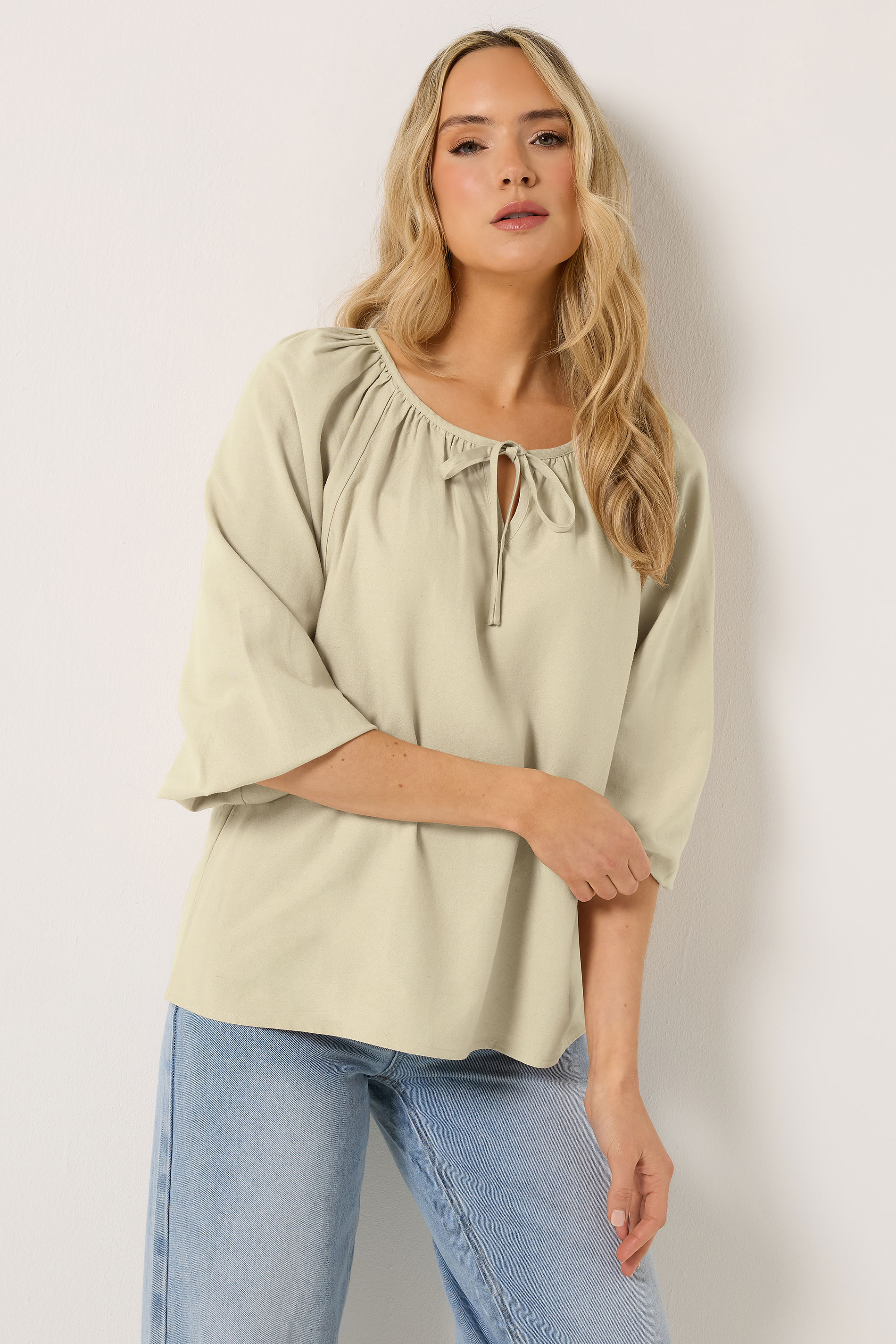 LTS Tall Women's Stone Brown Tie Front Linen Blouse | Long Tall Sally 1