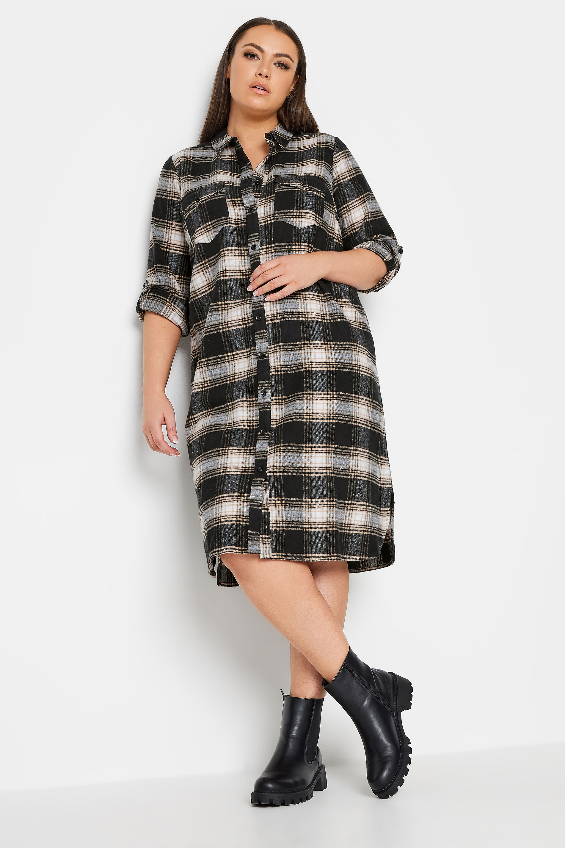YOURS Plus Size Black Check Print Maxi Shirt | Yours Clothing 2