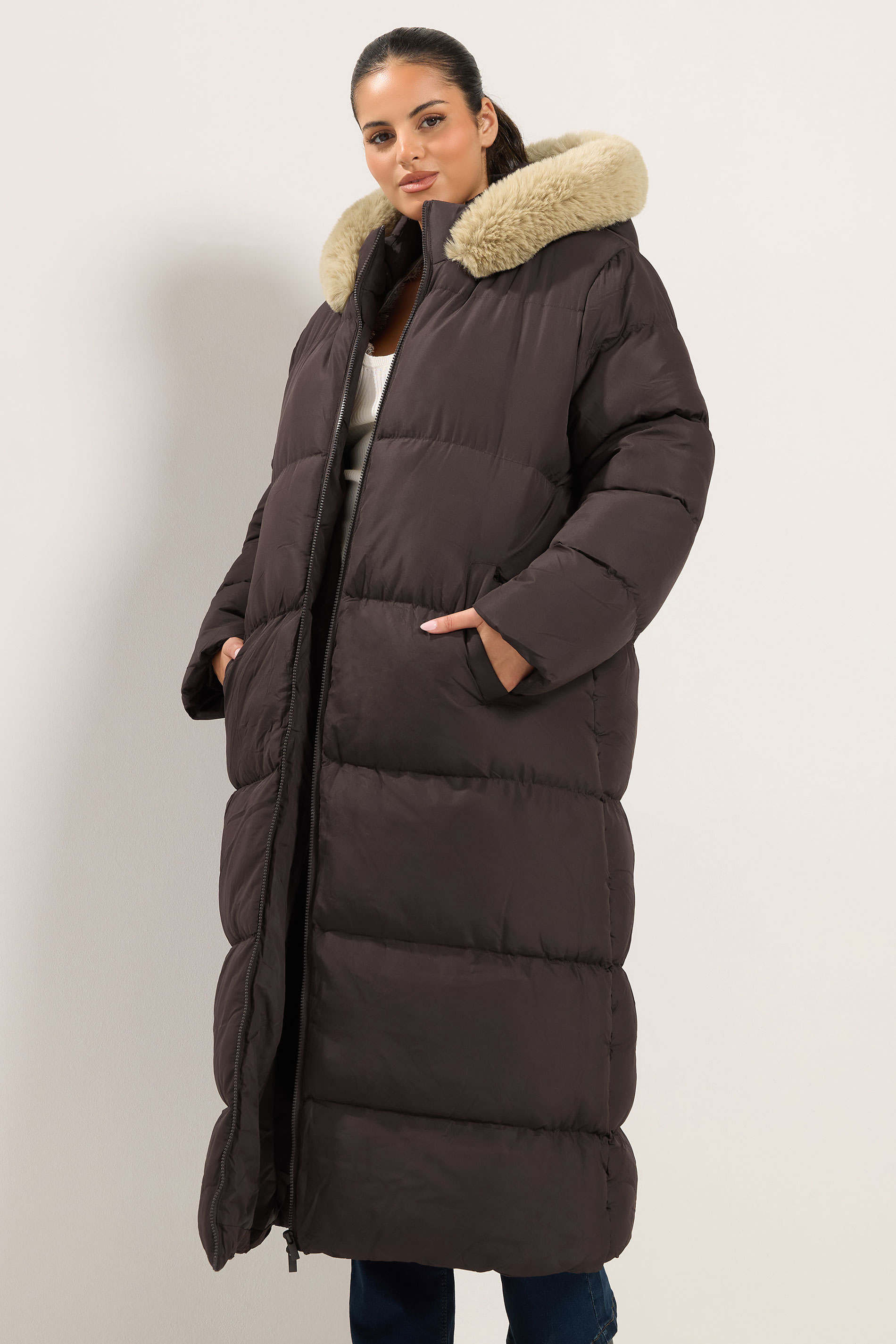 Yours Chocoladebruine Gewatteerde Pufferjas Met Imitatiebontkraag Size 42