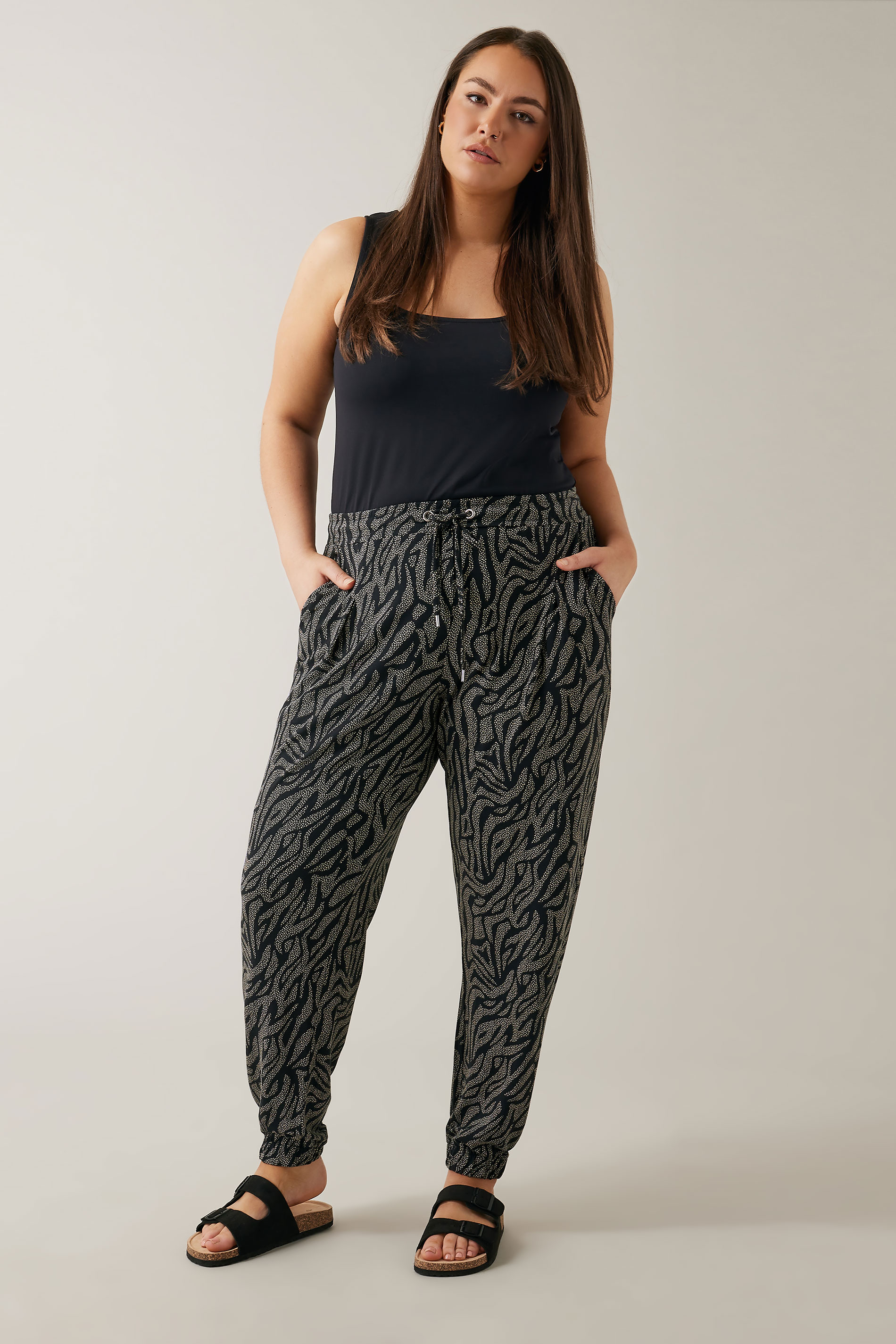 EVANS Plus Size Black Animal Markings Jersey Tapered Trousers | Evans 2