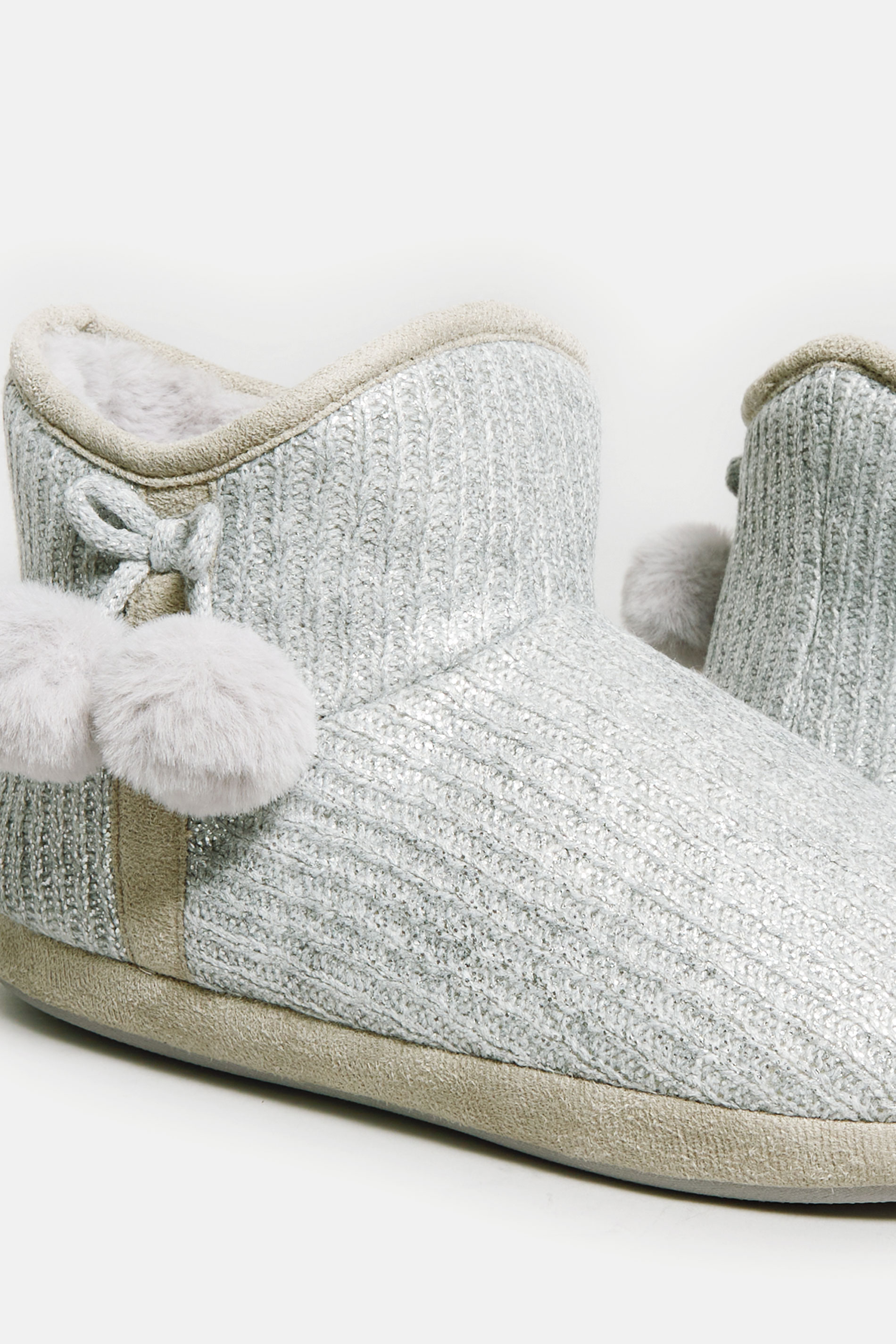 Grey Pom Pom Boot Slipper In Extra Wide EEE Fit | Yours Clothing