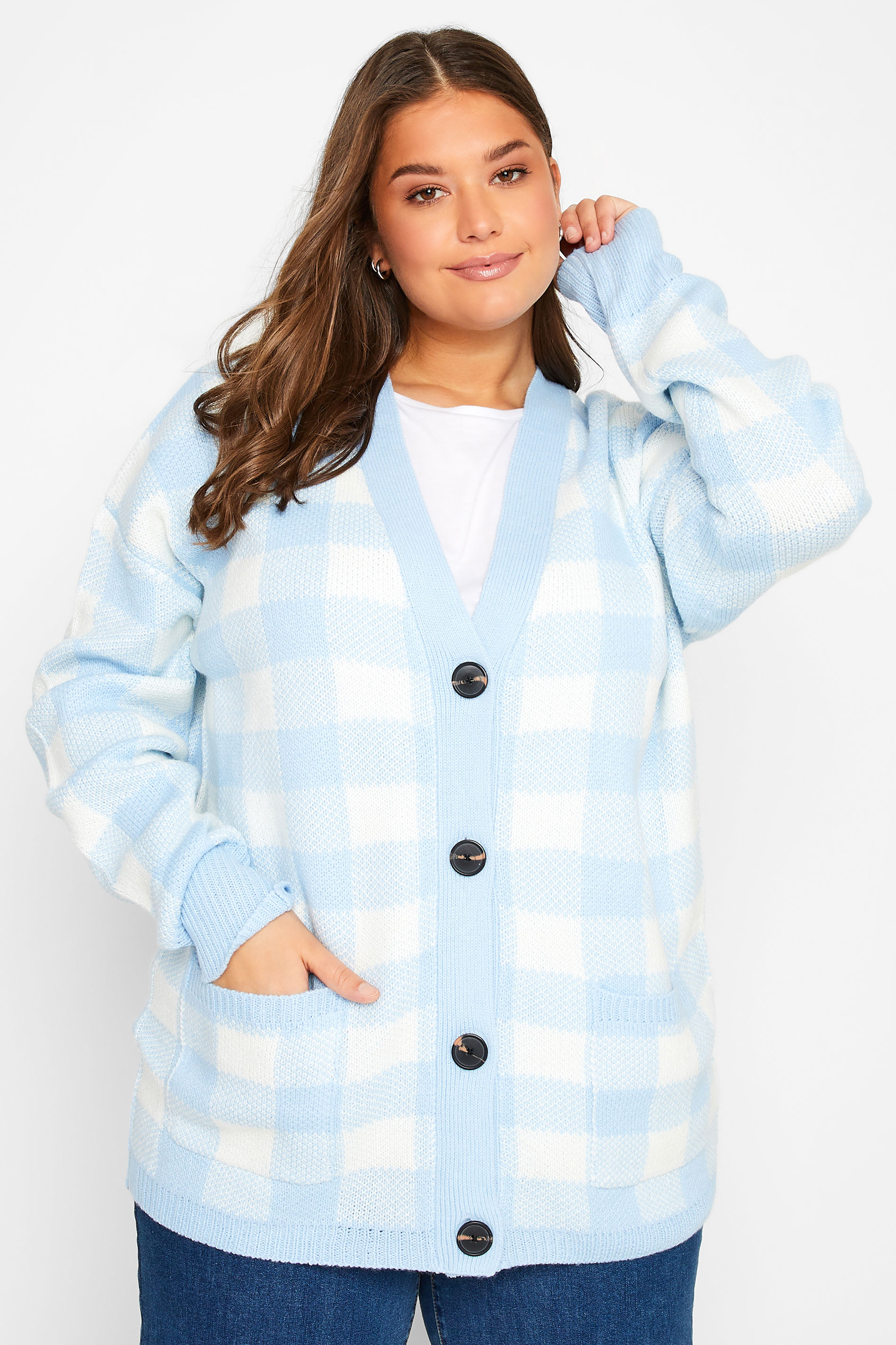 LTS Tall Women's Blue Gingham Button Knitted Cardigan | Long Tall Sally  1