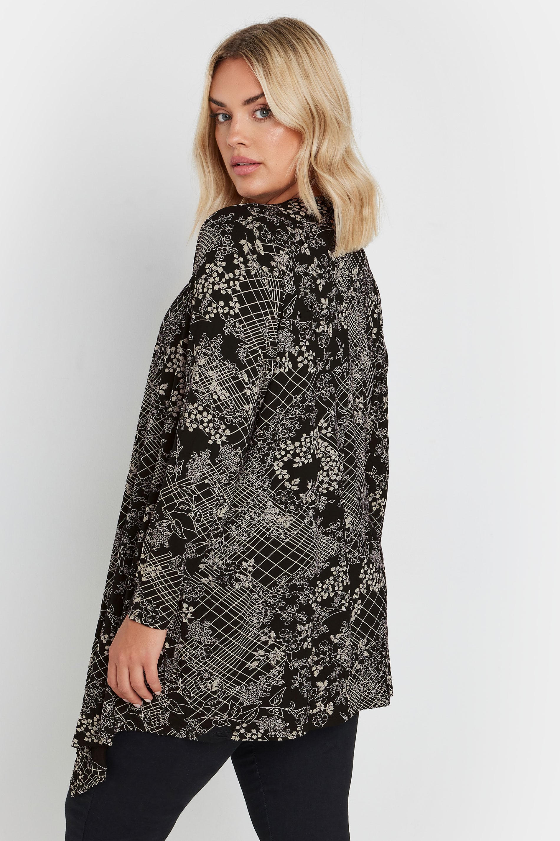 YOURS Plus Size Black Abstract Floral Print Waterfall Cardigan | Yours Clothing 2