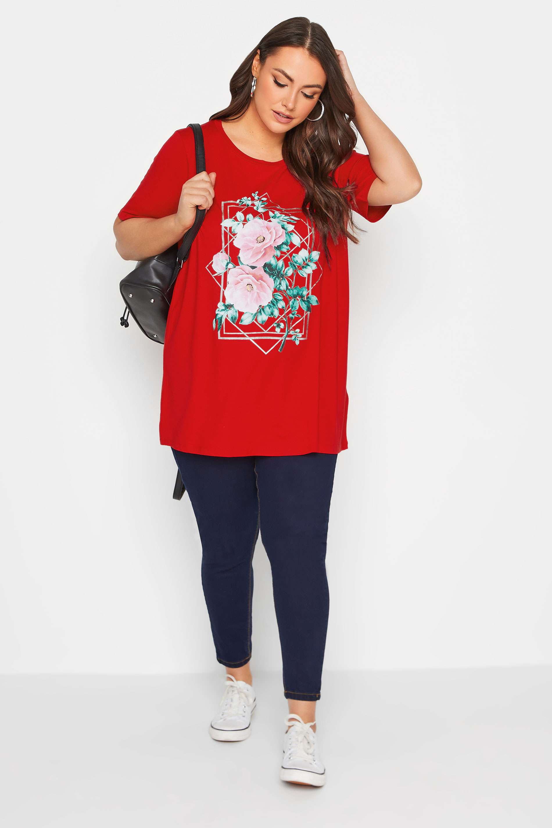 YOURS Curve Plus Size Red Floral Foil Print T-Shirt | Yours Clothing  2