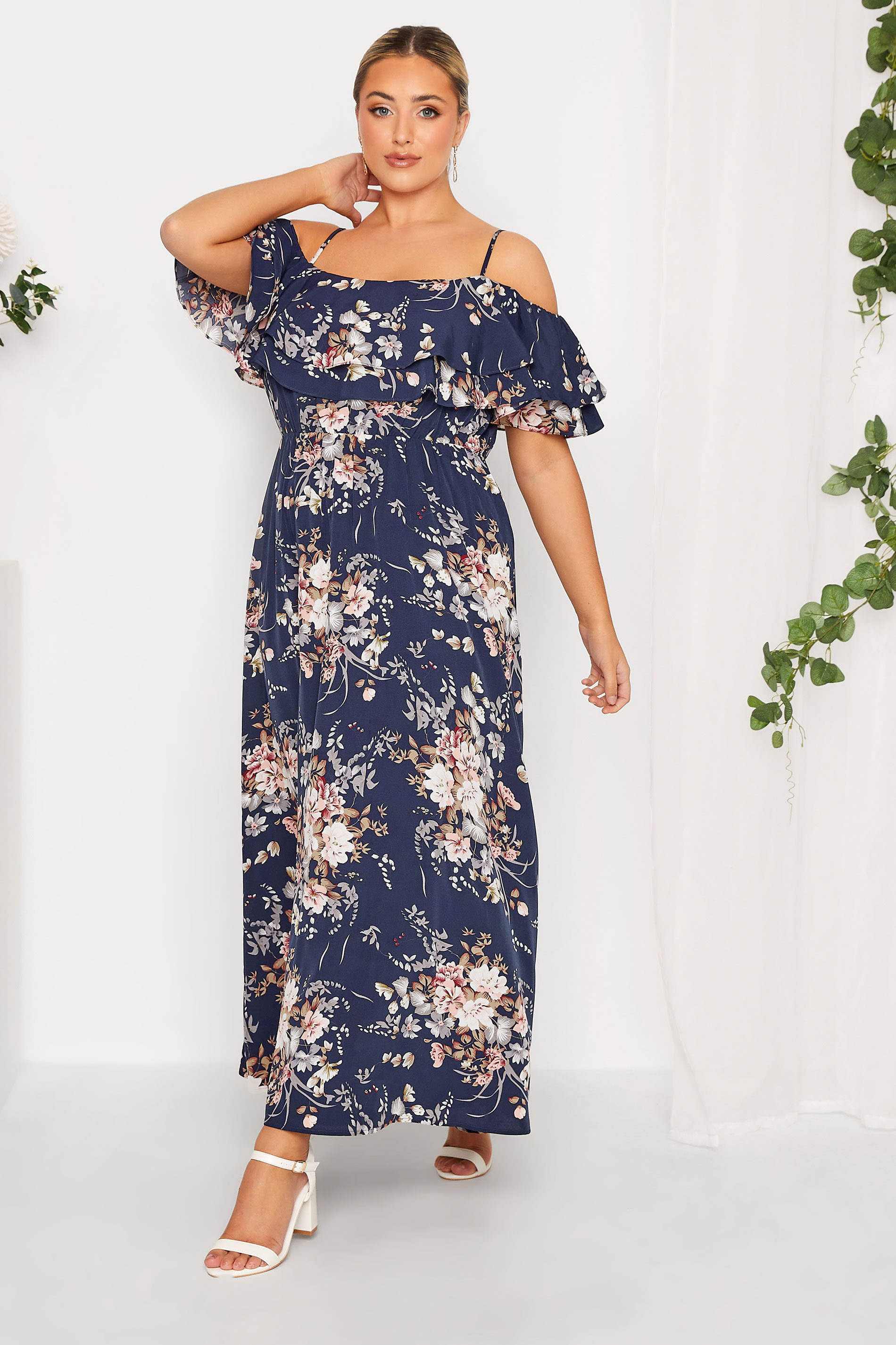 Plus Size YOURS LONDON Curve Navy Blue Floral Ruffle Bardot Maxi Dress | Yours Clothing  1