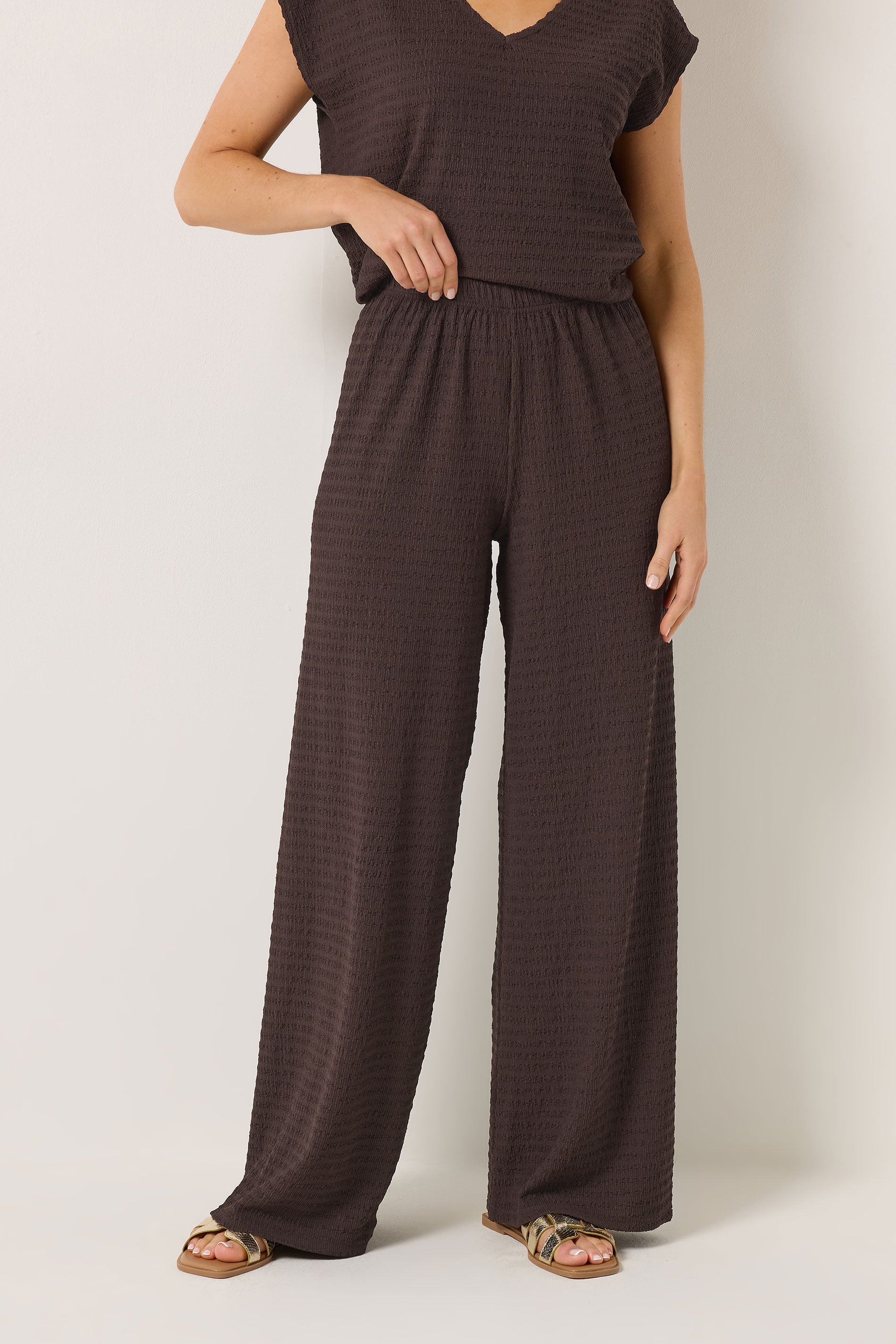 LTS Tall Women's Chocolate Brown Textured Elasticated Wide Leg Trousers | Long Tall Sally 1