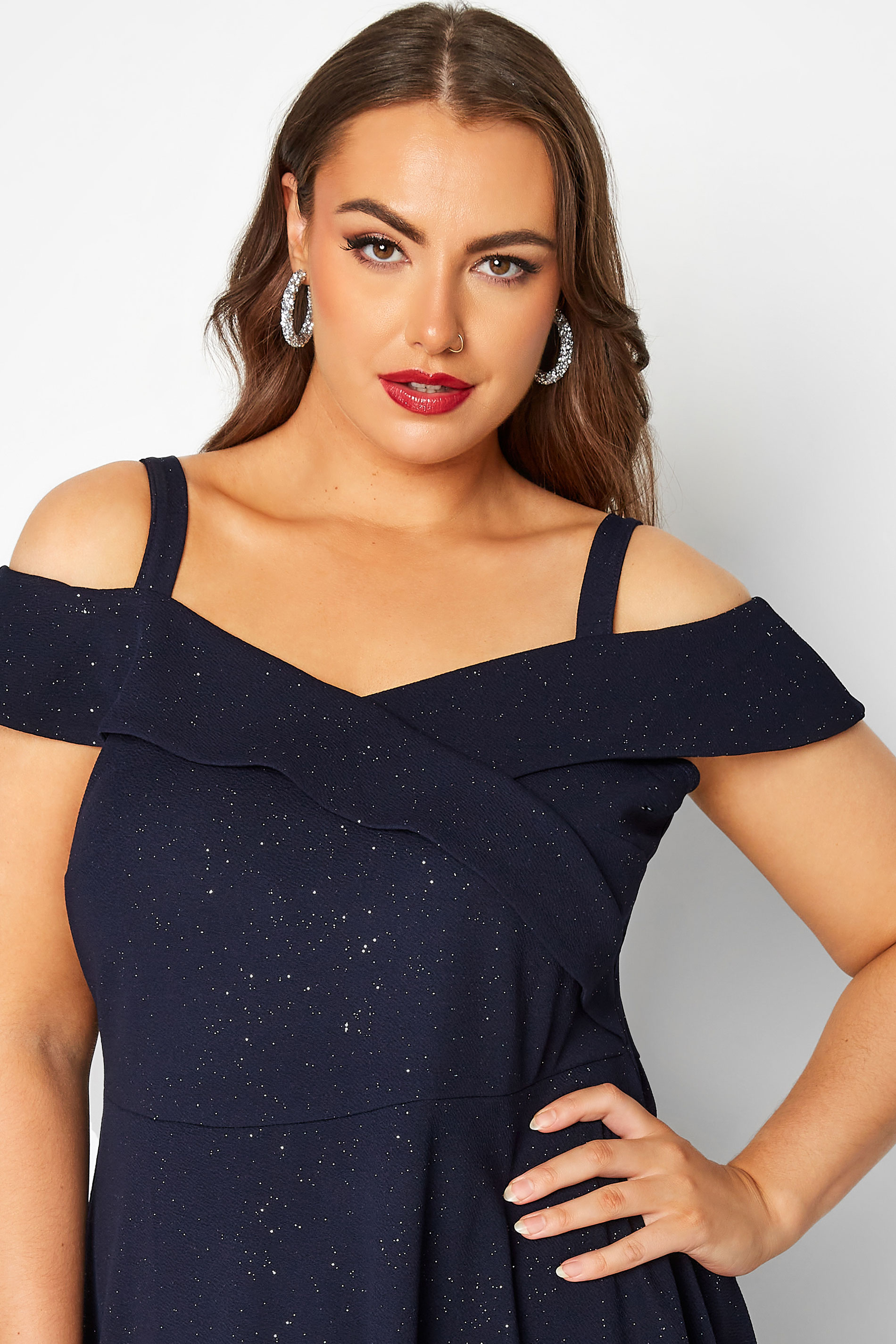 Yours London Plus Size Navy Blue Glitter Bardot Bridesmaid Dress Yours Clothing 