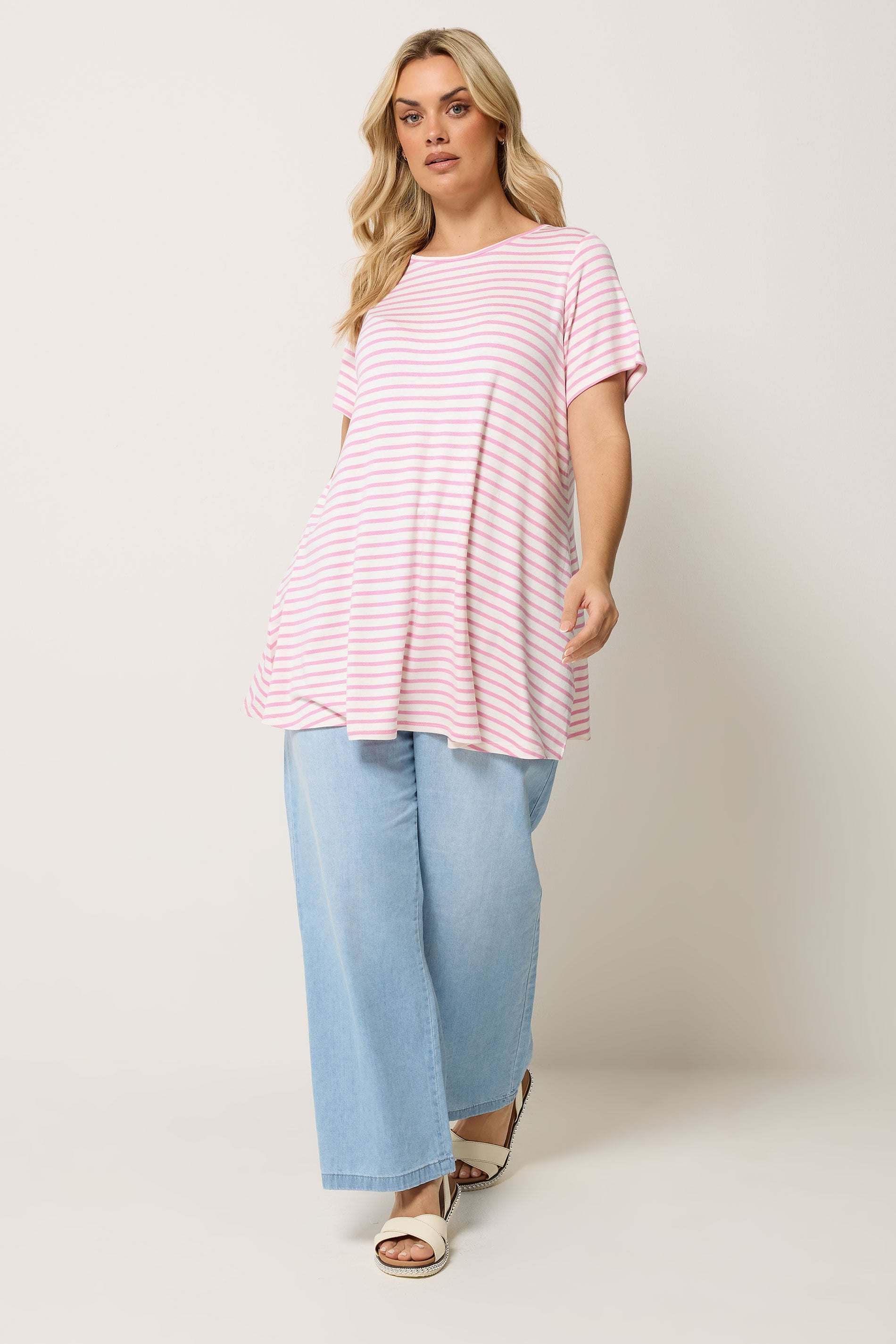 YOURS Plus Size Pink Stripe Swing Crew Neck Top | Yours Clothing 1