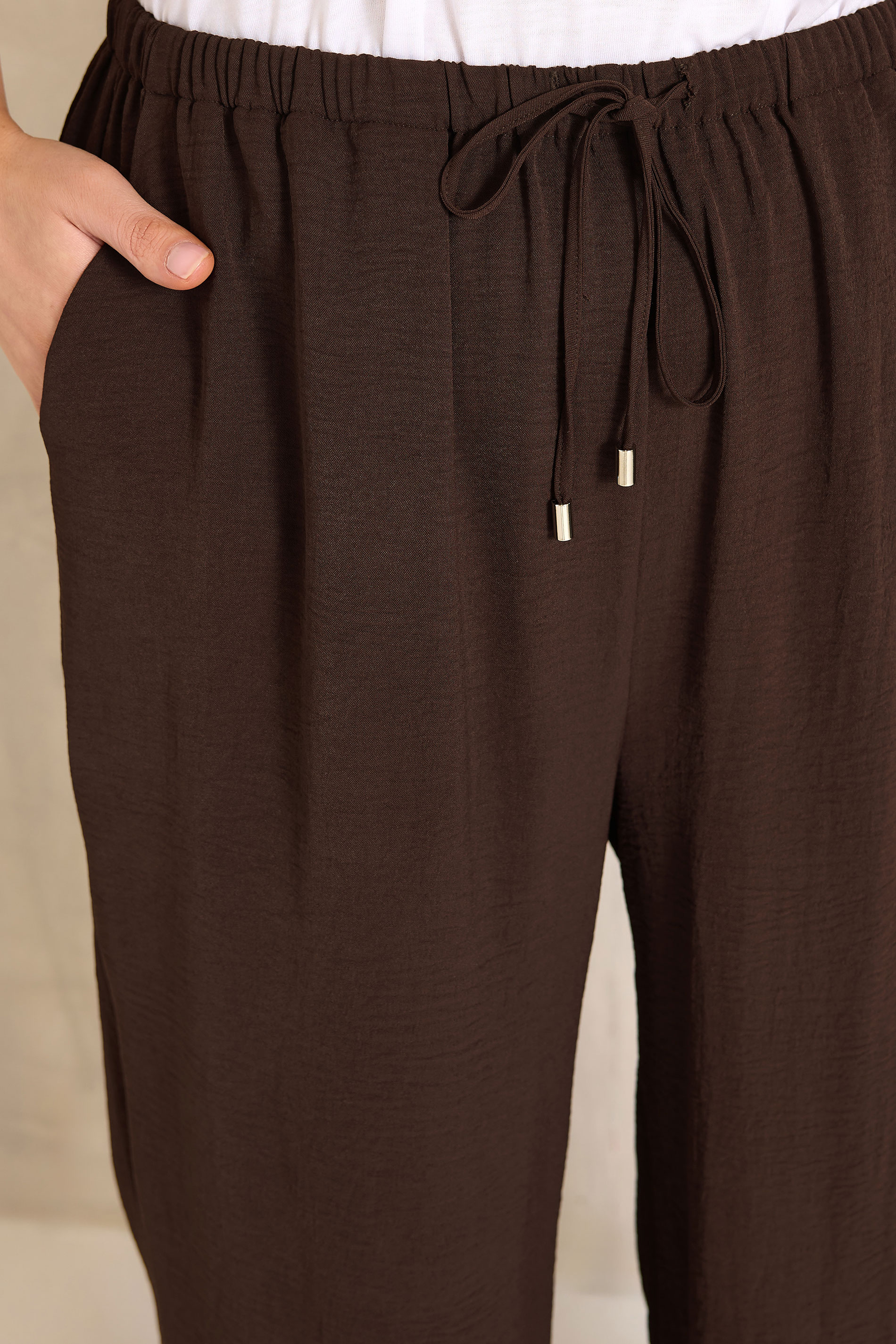 EVANS Plus Size Chocolate Brown Tie Waist Wide Leg Trousers | Evans 4