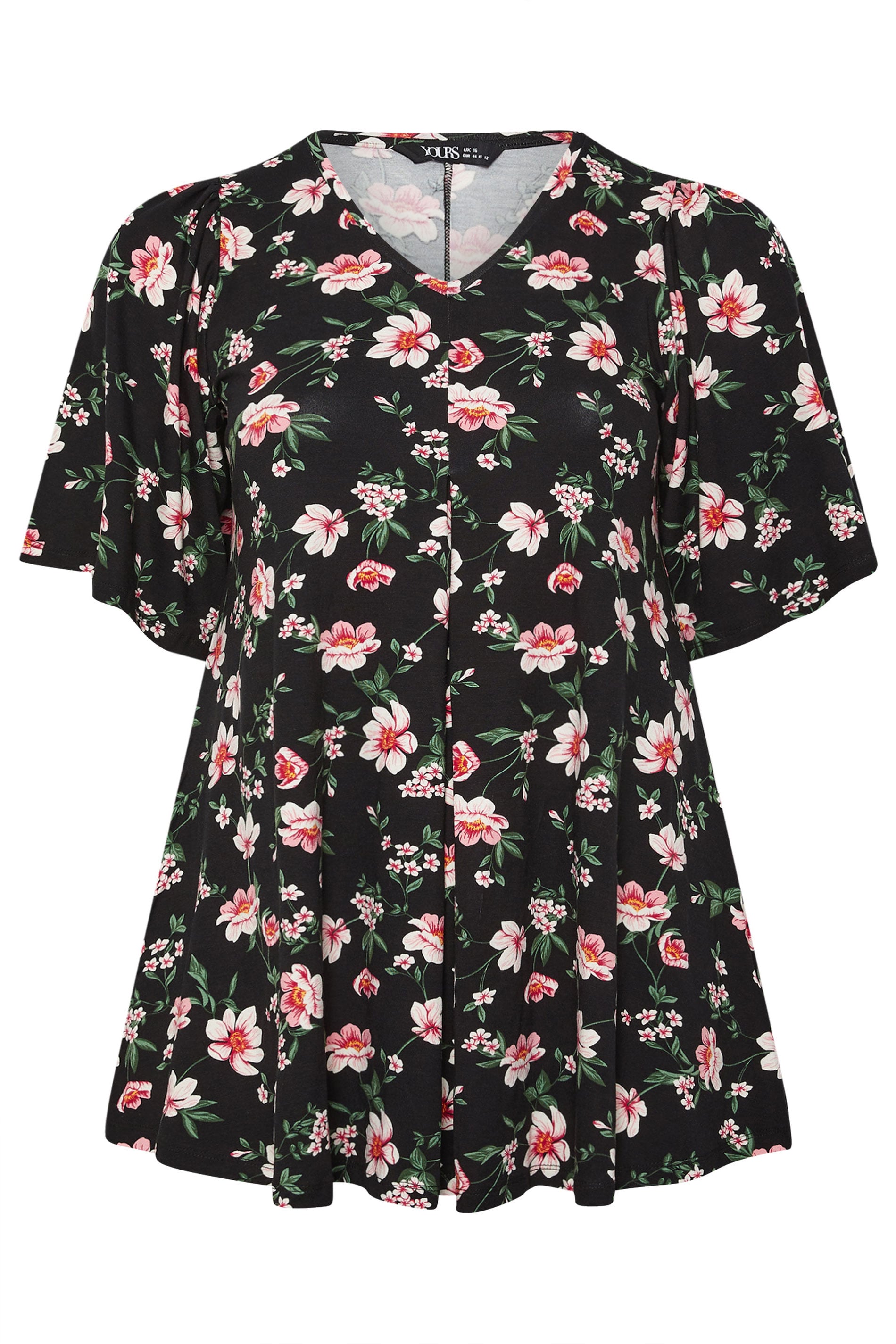 YOURS Plus Size Black Floral Pleat Front Short Sleeve Top | Yours Clothing 5