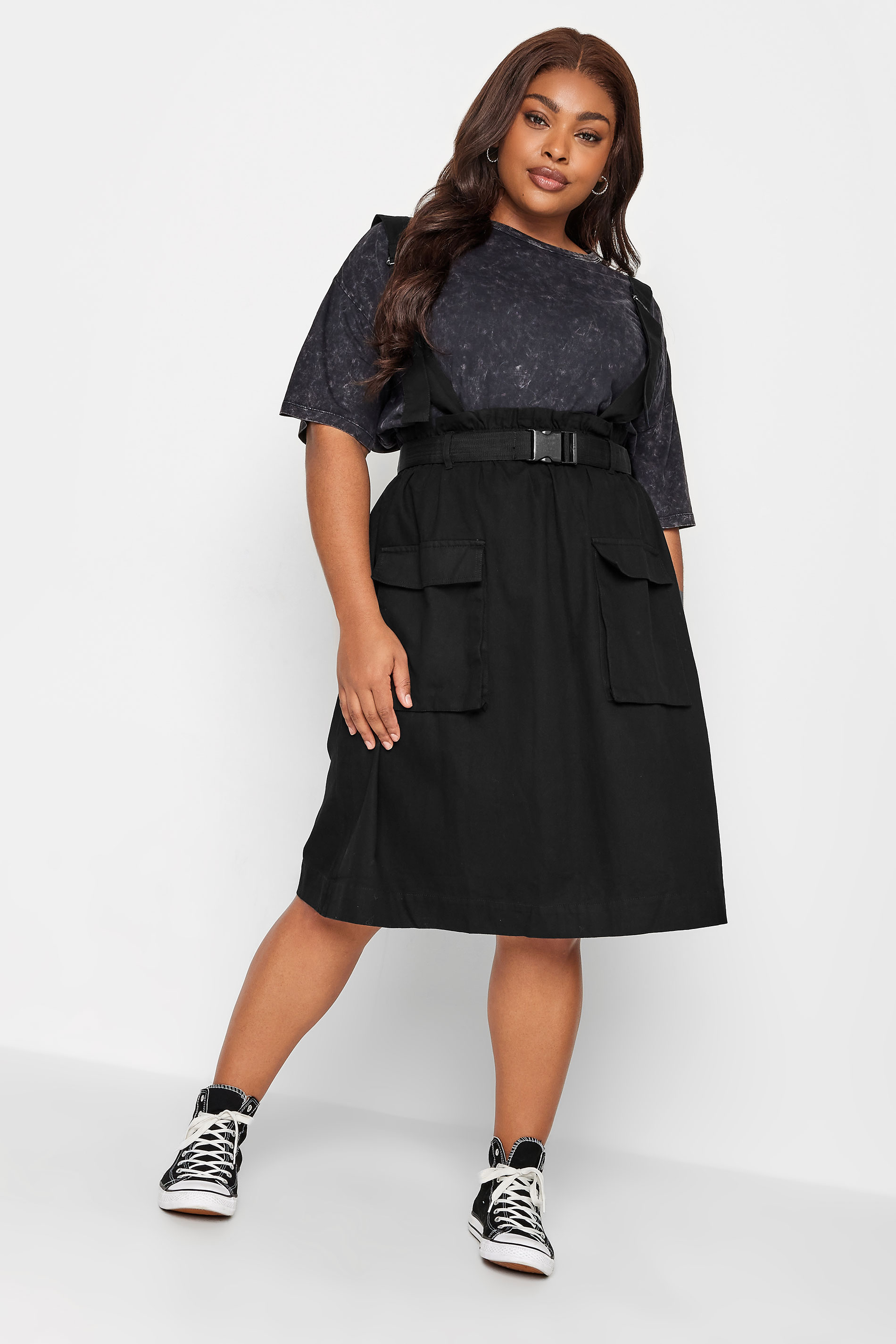 LIMITED COLLECTION Plus Size Black Utility Pinafore Midi Skirt | Yours Clothing 1