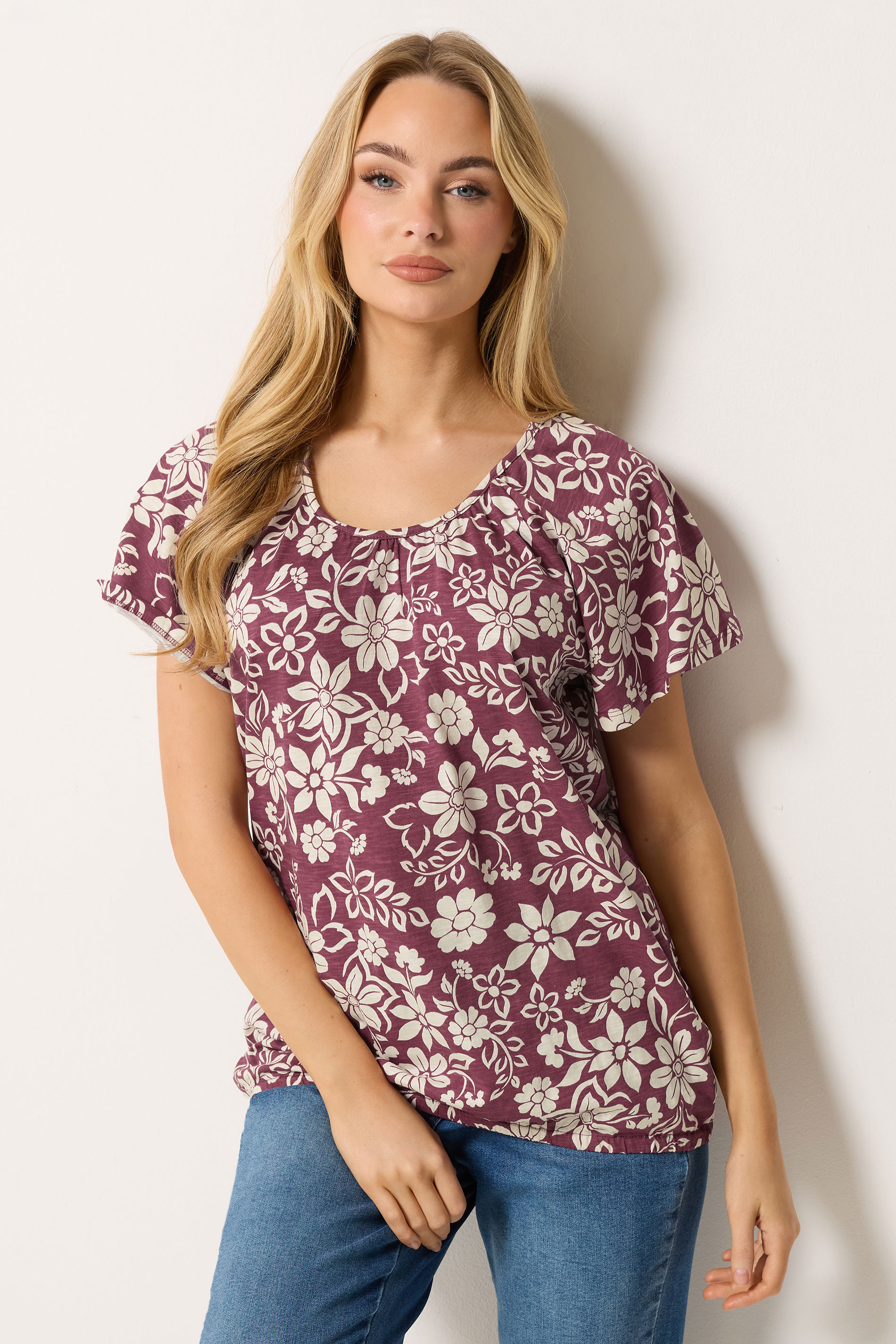 M&Co Berry Red Floral Cotton Scoop Neck Top | M&Co 3