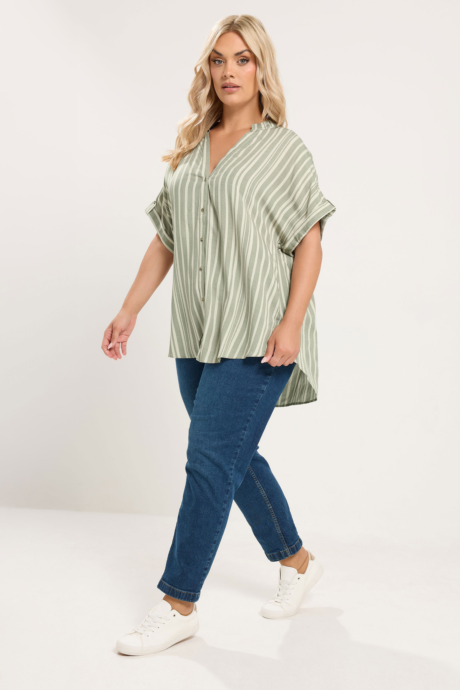 YOURS Plus Size Green Stripe Tab Detail Shirt | Yours Clothing 1