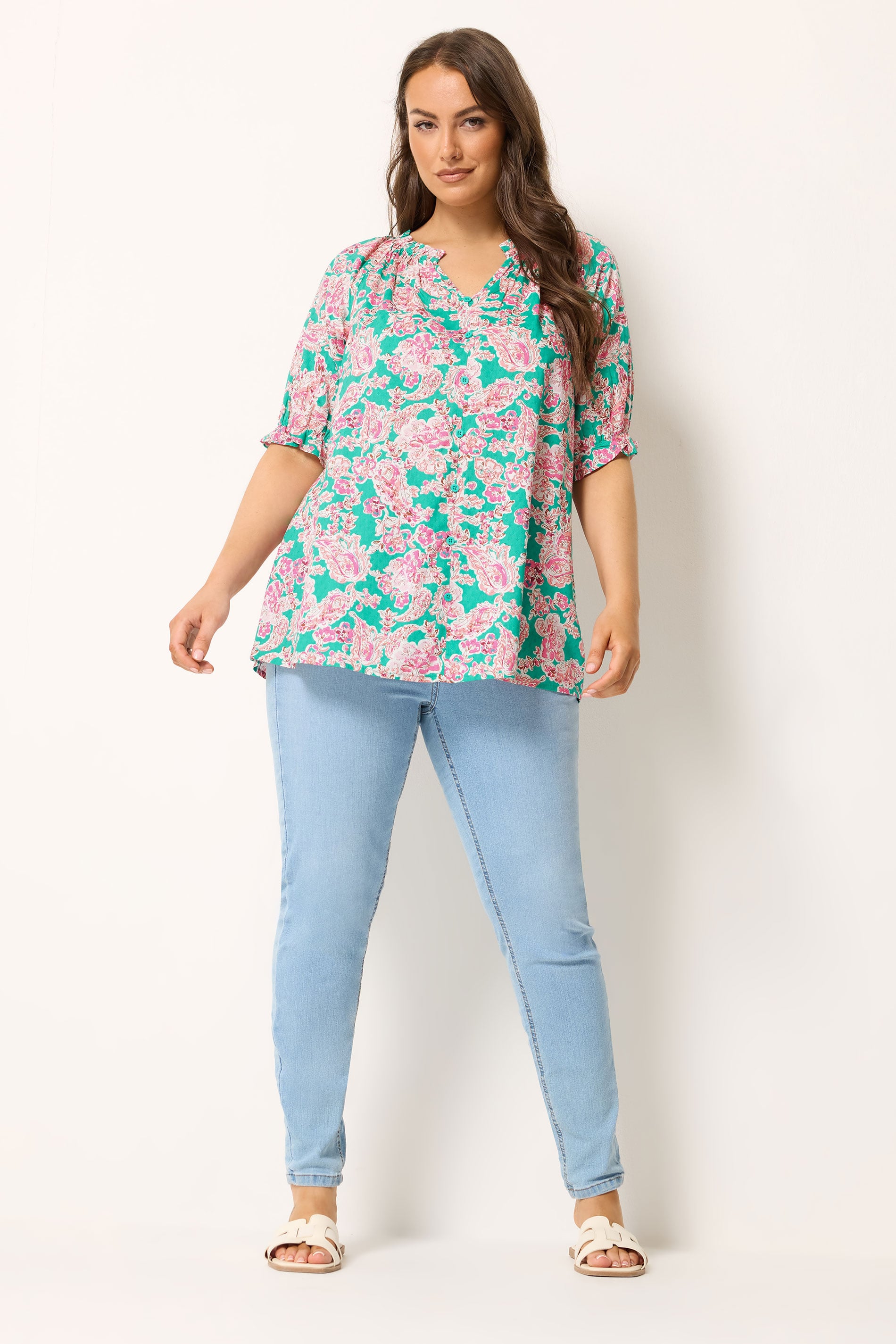 YOURS Plus Size Green Floral Print Frill Neck Top | Yours Clothing 2