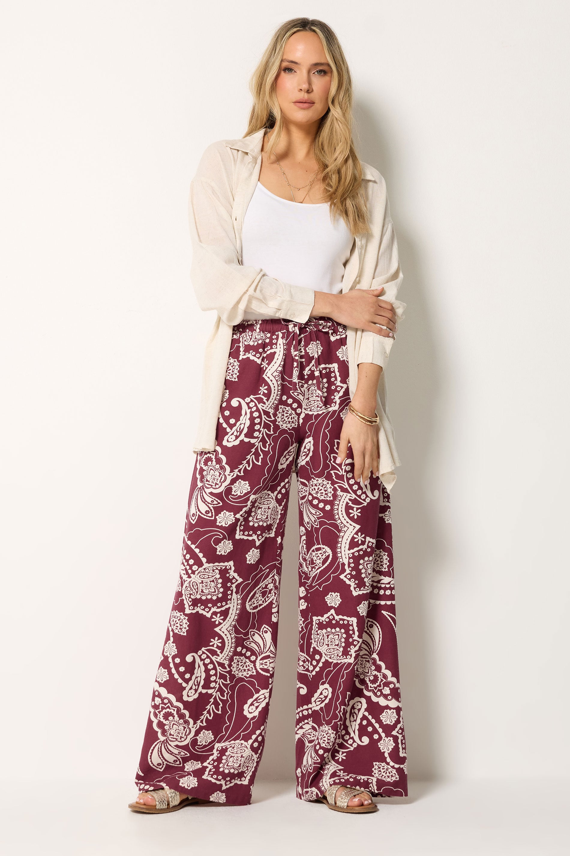 LTS Tall Women's Berry Red Paisley Linen Wide Leg Trousers | Long Tall Sally 1
