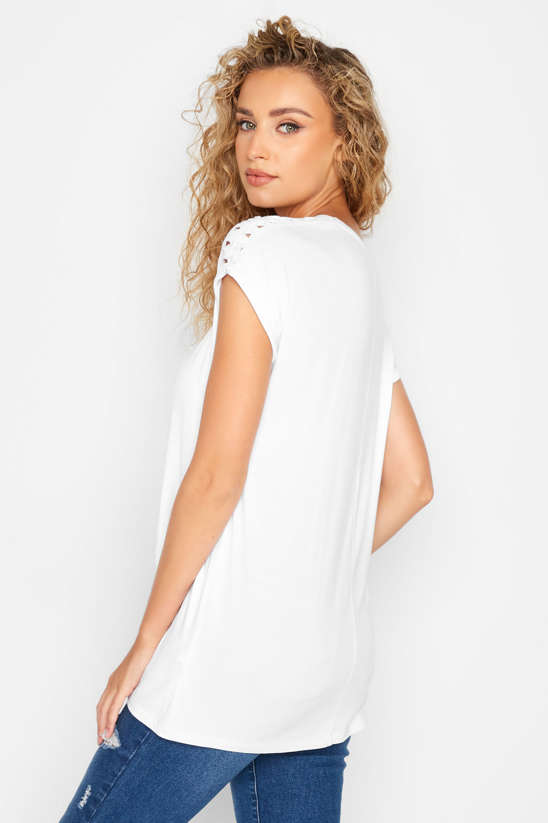 LTS Tall Women's White Crochet Sleeve Detail T-Shirt | Long Tall Sally 3