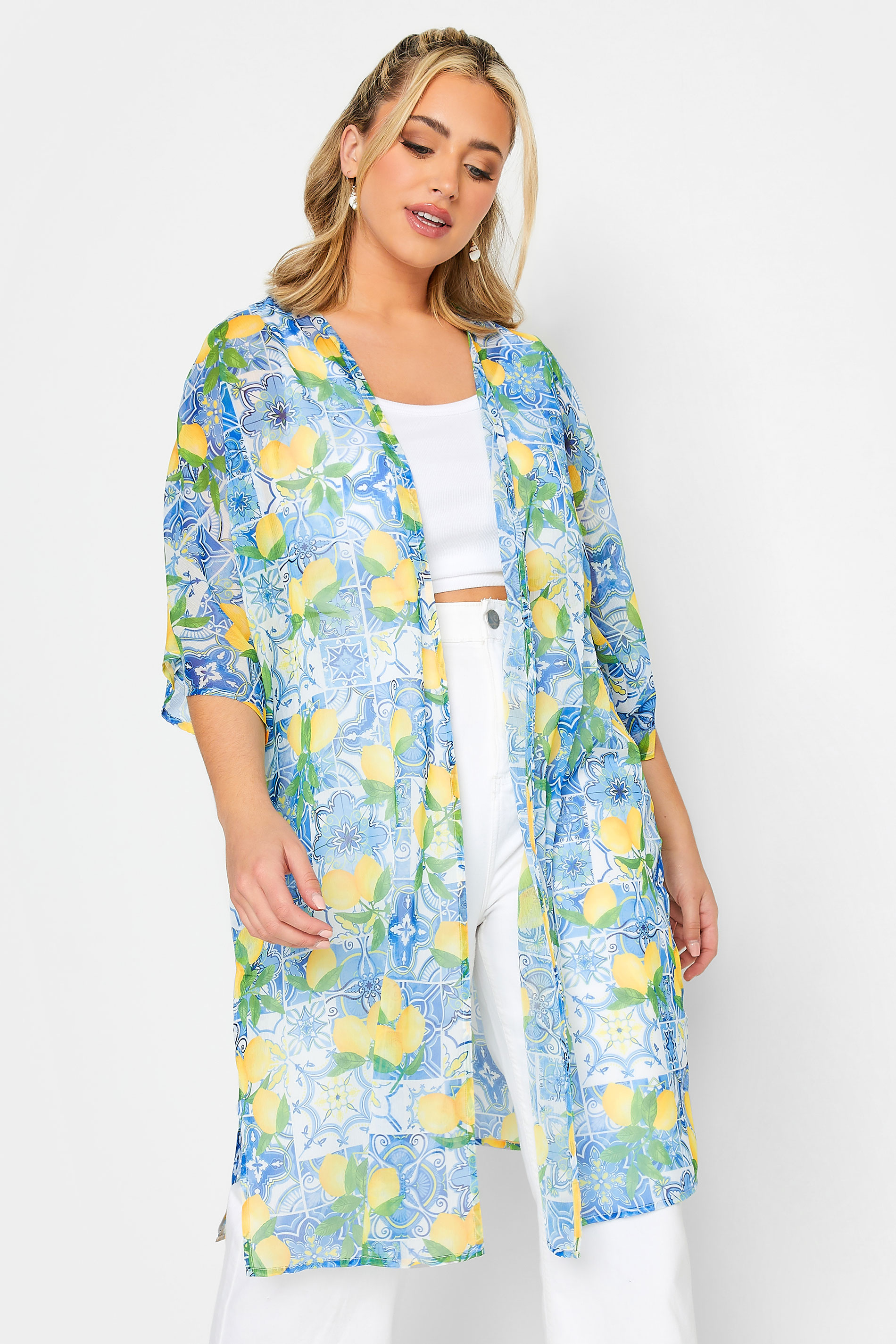 LIMITED COLLECTION Plus Size Blue Lemon Print Beach Kimono | Yours Clothing