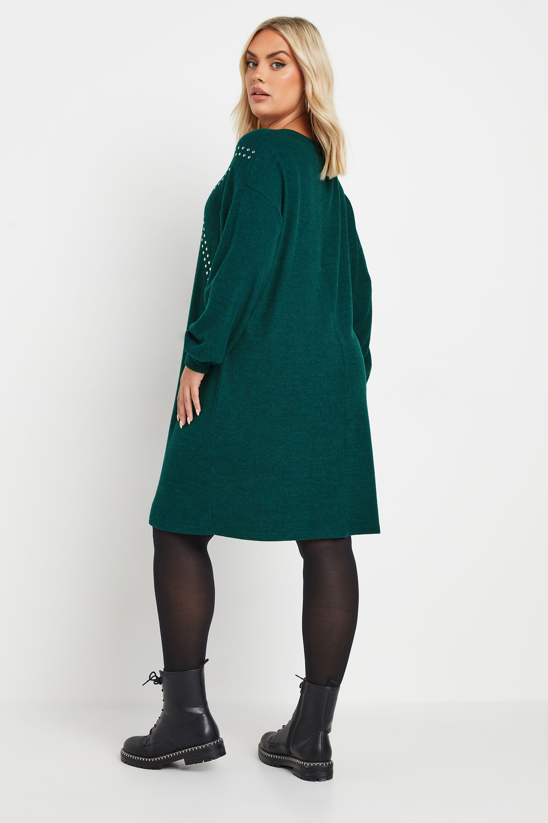 YOURS Plus Size Green Stud Jumper Dress | Yours Clothing 2