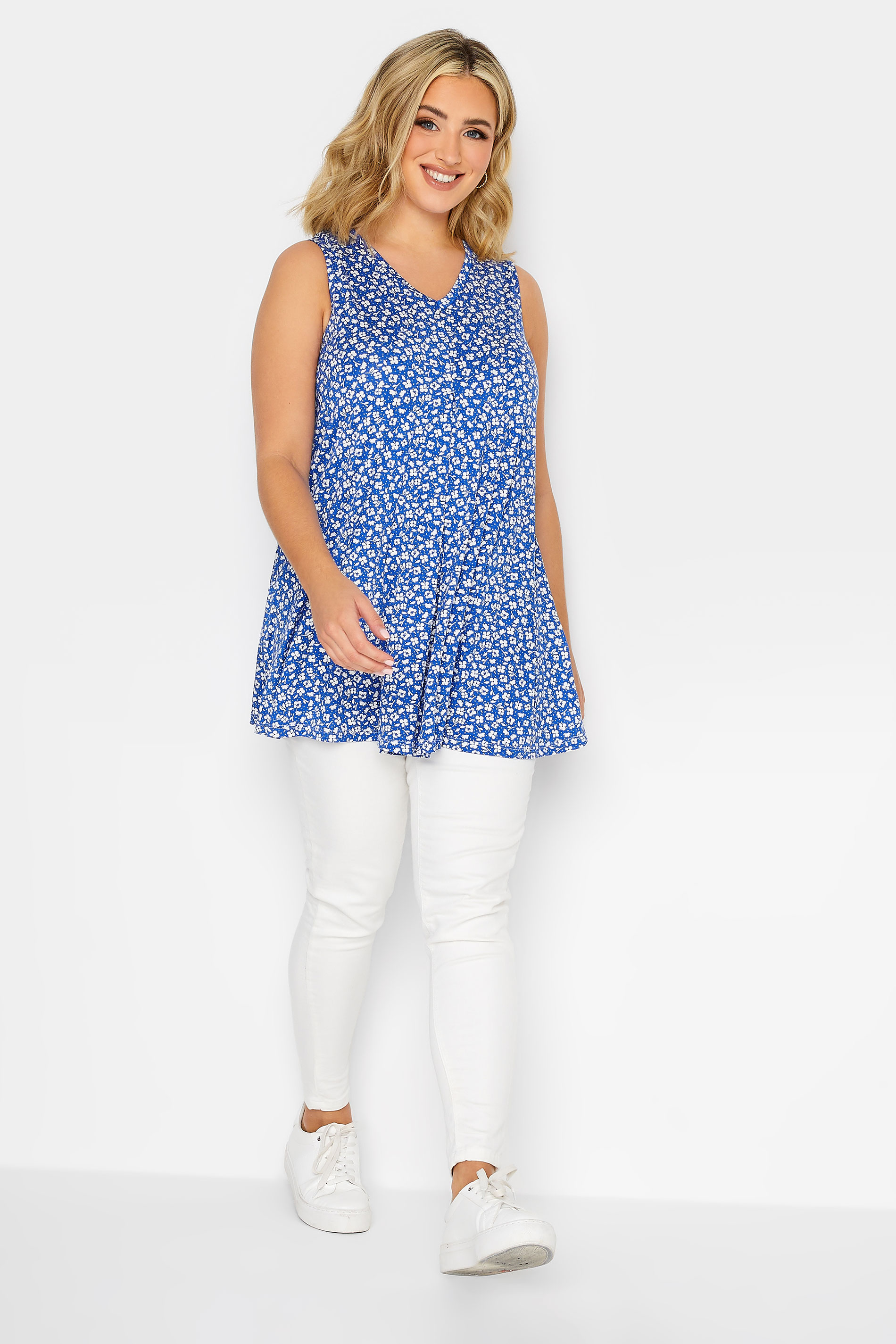 YOURS Plus Size Blue Floral Print Pleat Front Vest Top | Yours Clothing 2