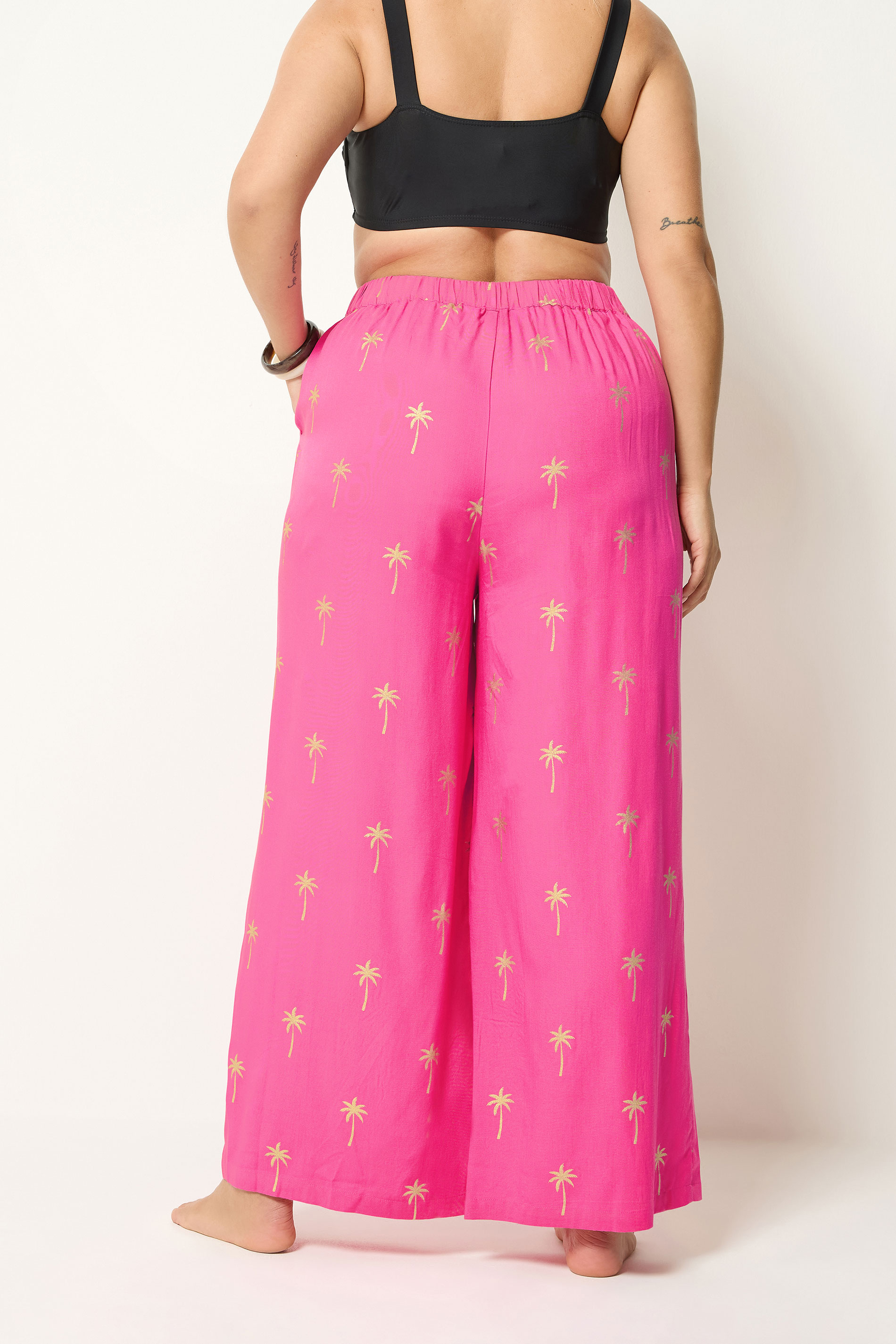 YOURS Plus Size Pink Foil Palm Tree Beach Trousers | Yours Clothing 2