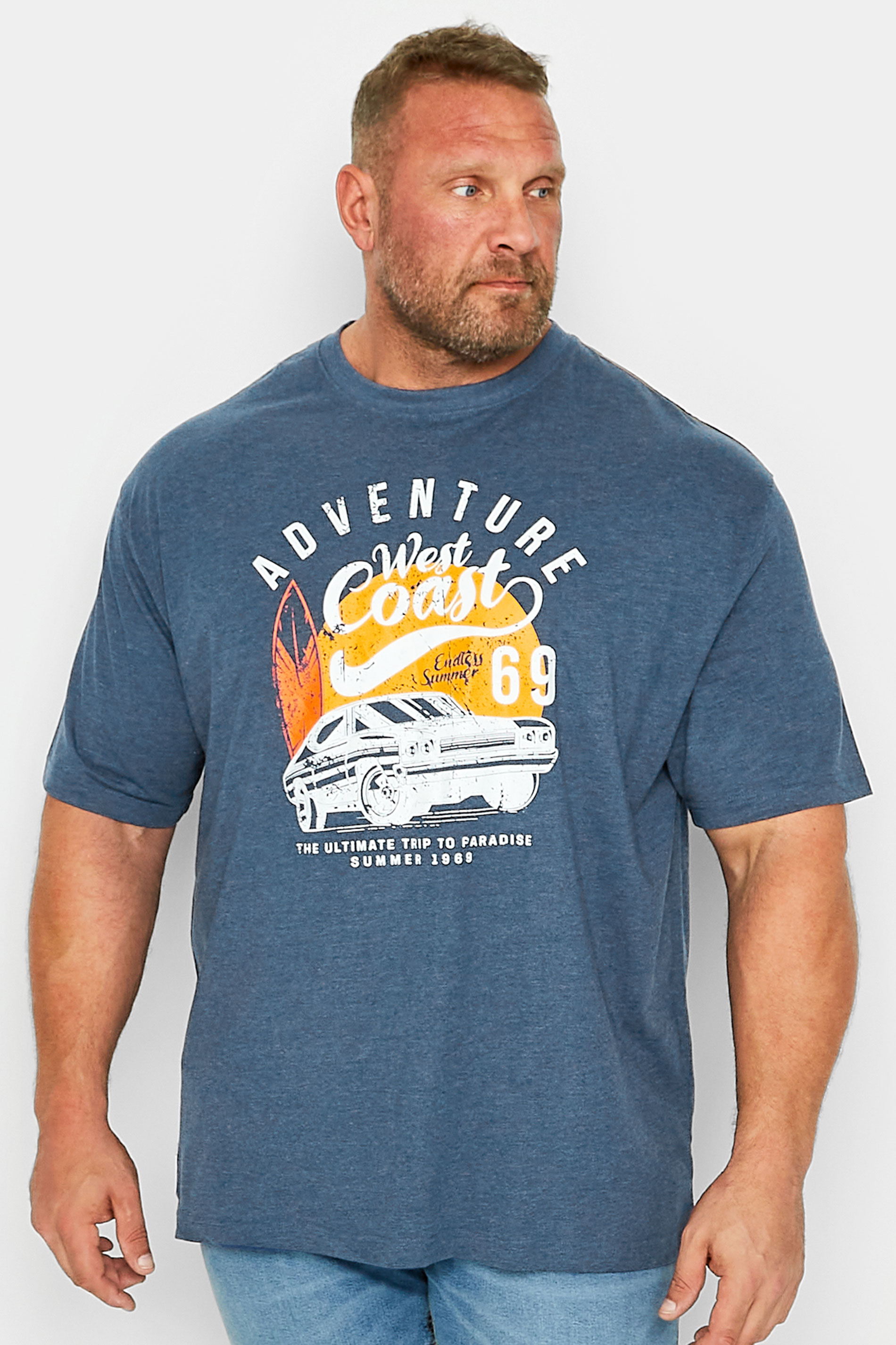 ED BAXTER Big & Tall Blue 'West Coast' Car Print T-Shirt | BadRhino 1