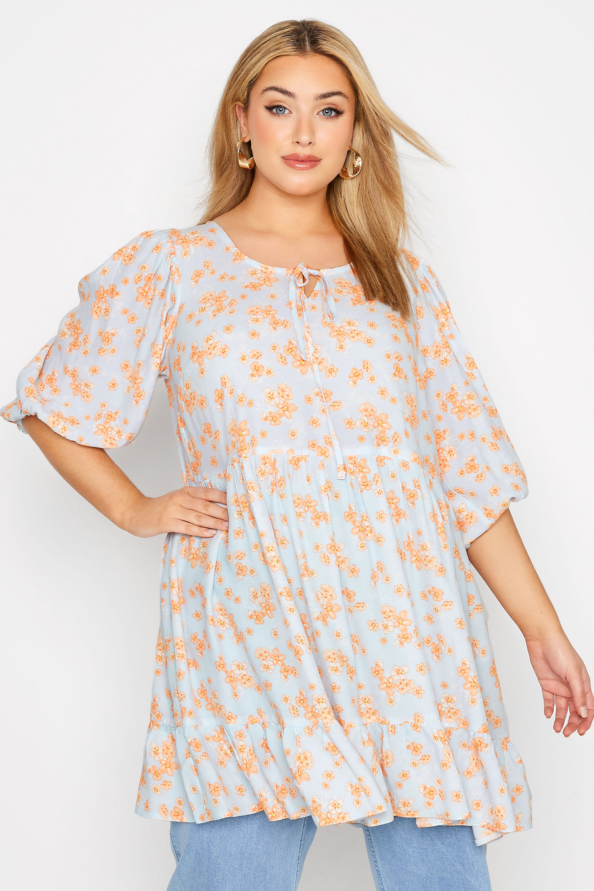 Plus Size Blue Floral Tie Neck Smock Top | Yours Clothing 1