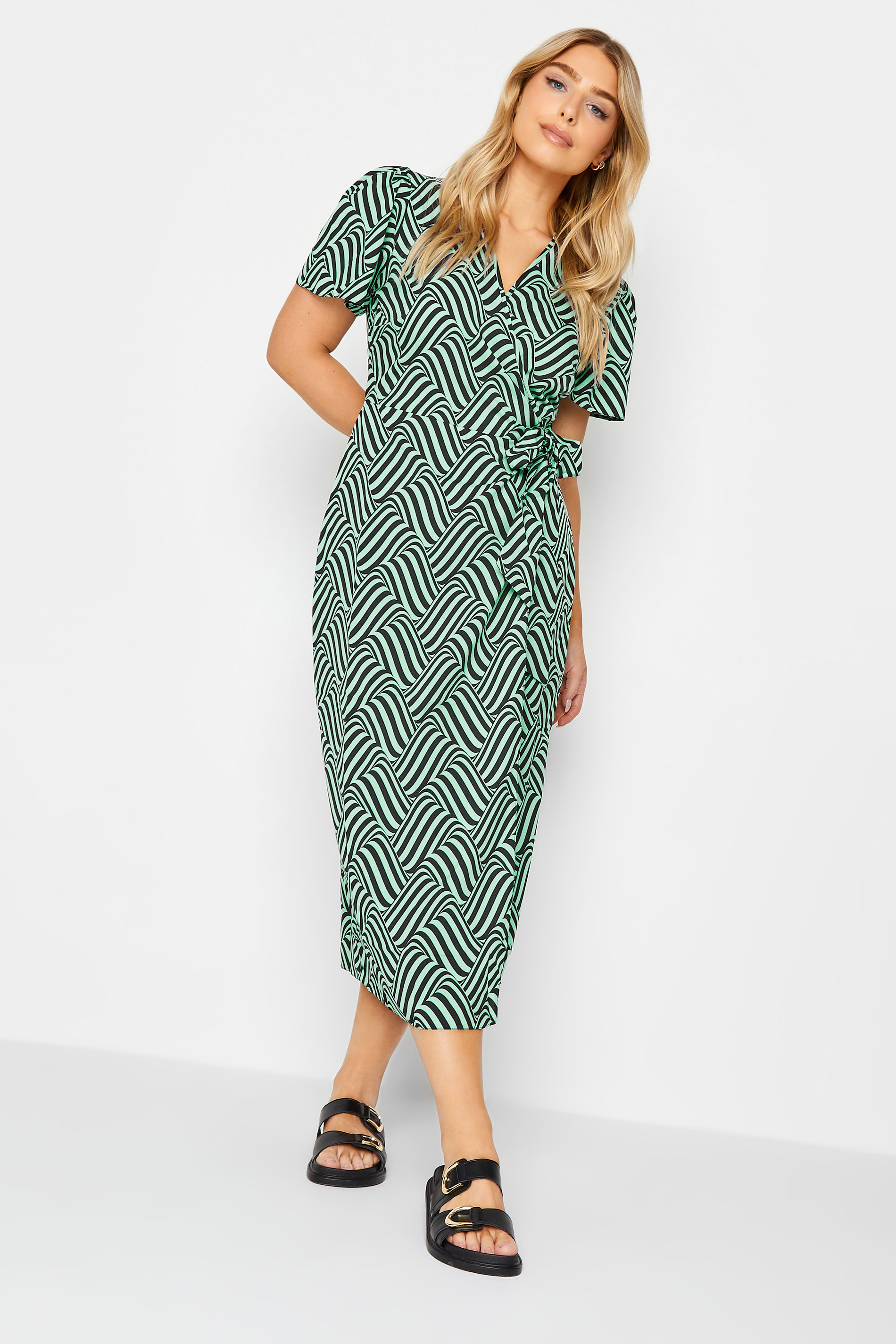 M&Co Green Abstract Stripe Wrap Dress | M&Co