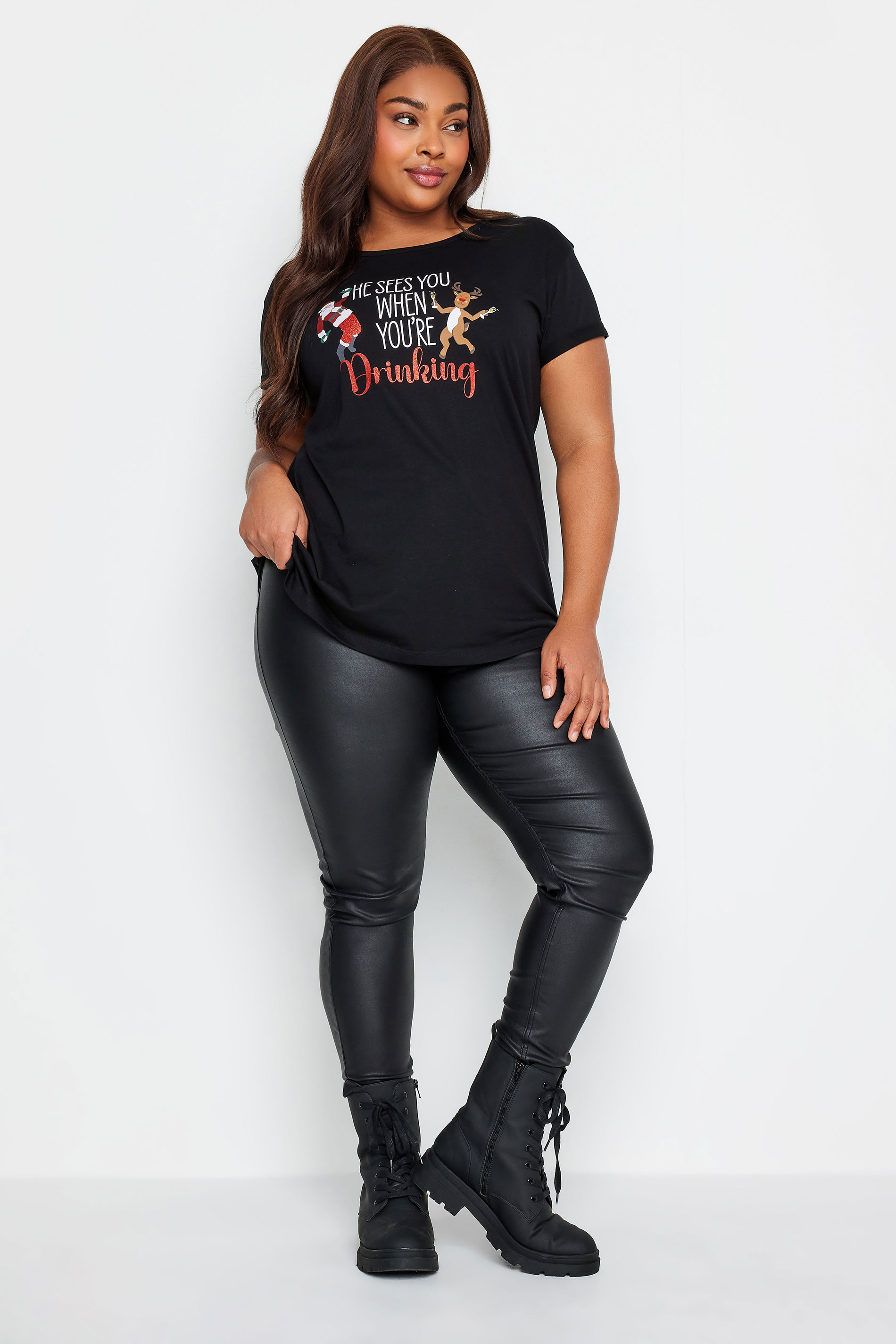 YOURS Curve Plus Size Black 'He See's You When You're Drinking' Christmas T-Shirt | Yours Clothing  2