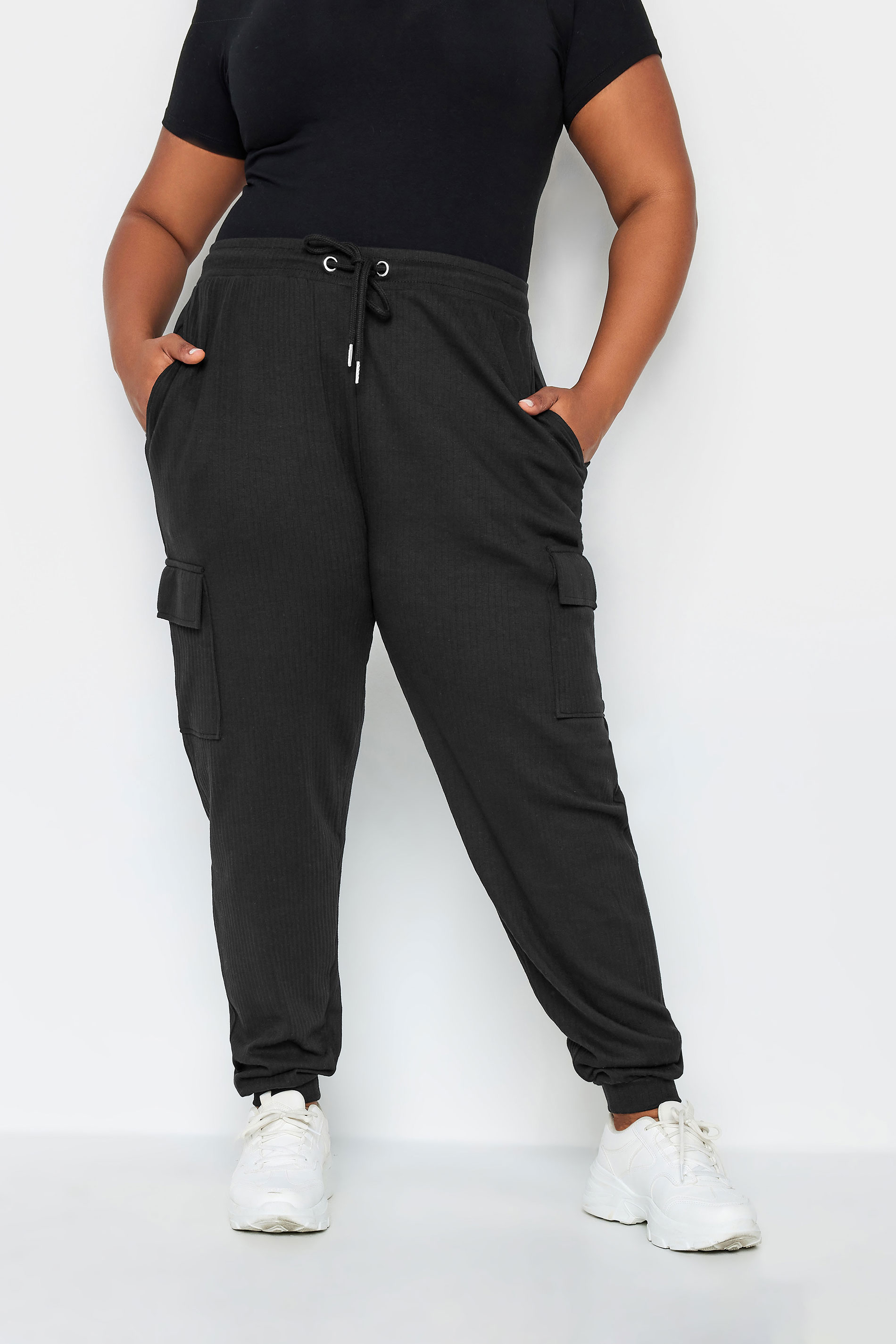 YOURS Plus Size Black Ribbed Cargo Joggers | Yours Clothing 1