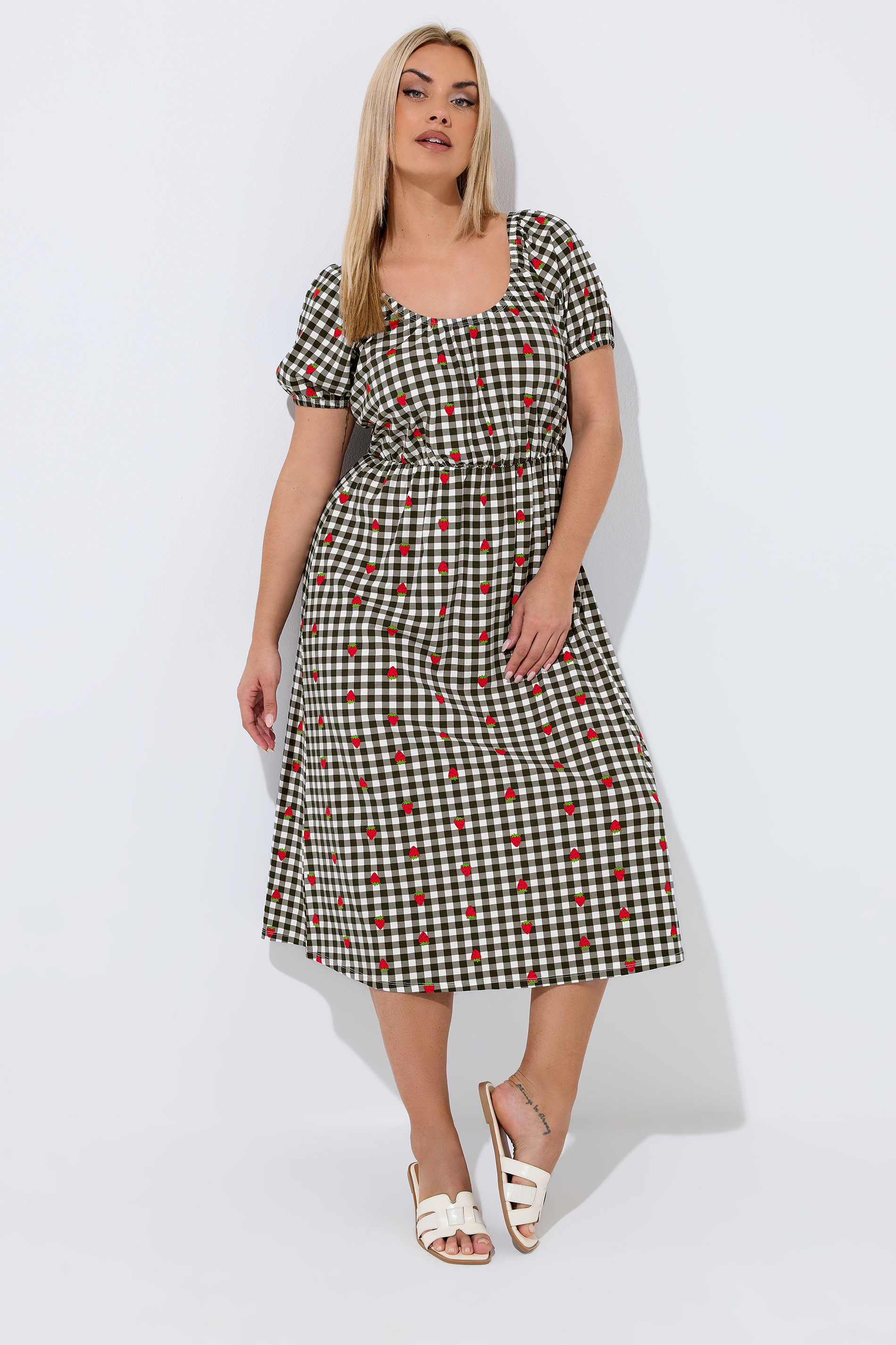 LIMITED COLLECTION Plus Size Black Strawberry Gingham Bardot Dress | Yours Clothing 3