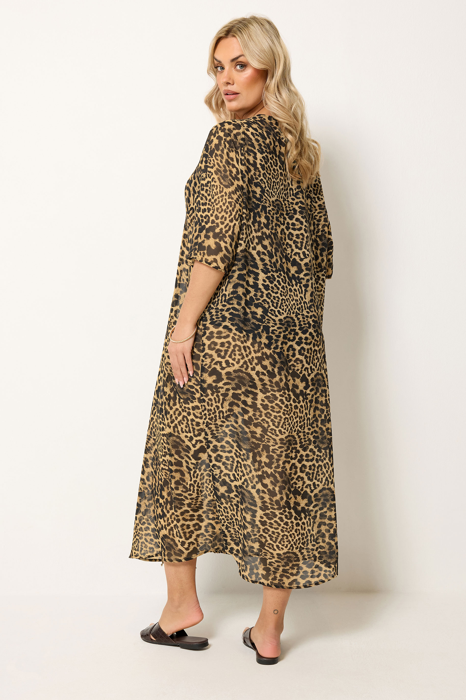 YOURS Plus Size Brown Leopard Print Midaxi Kimono | Yours Clothing 2