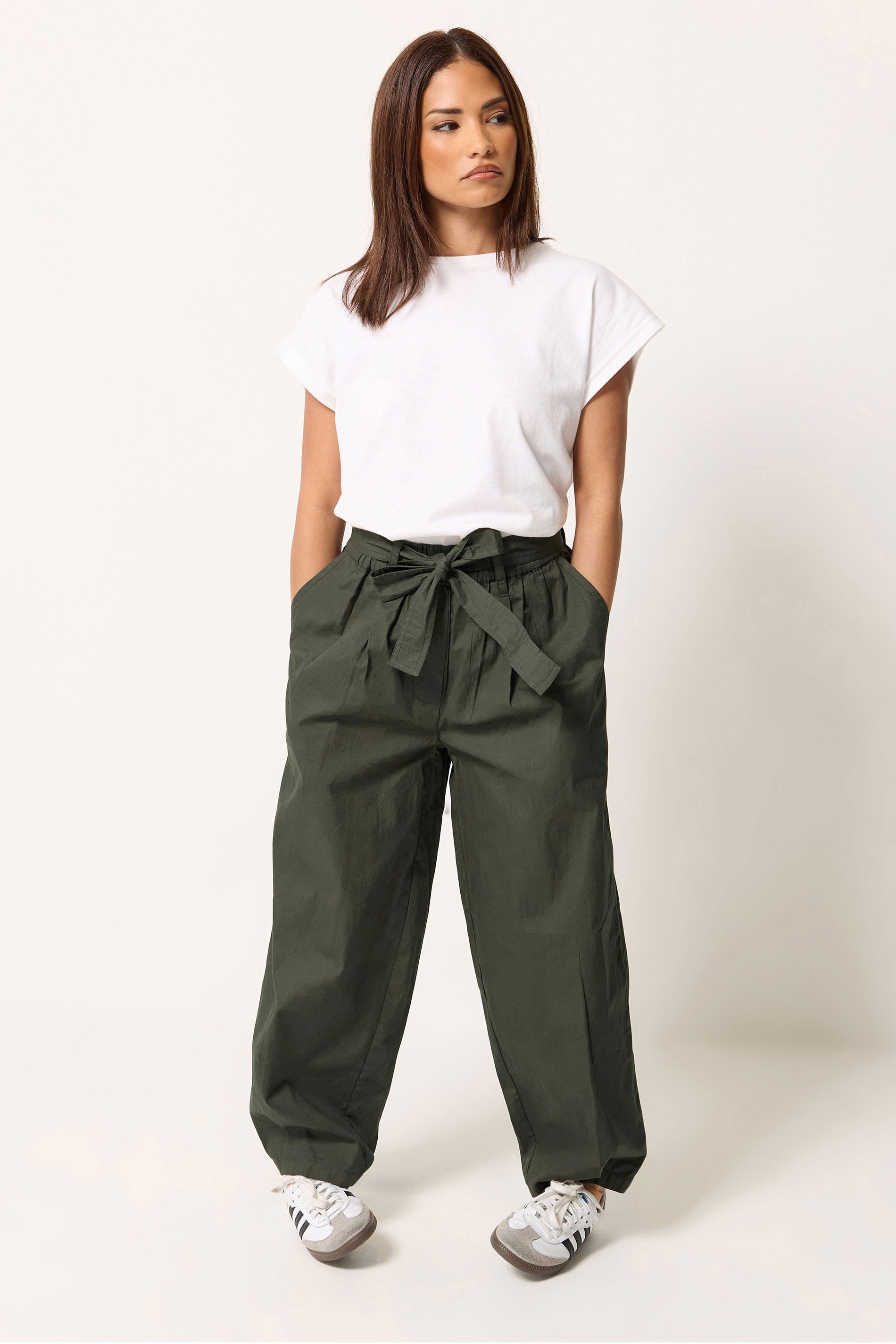 PixieGirl Petite Women's Khaki Green Poplin Barrel Trousers | PixieGirl 3