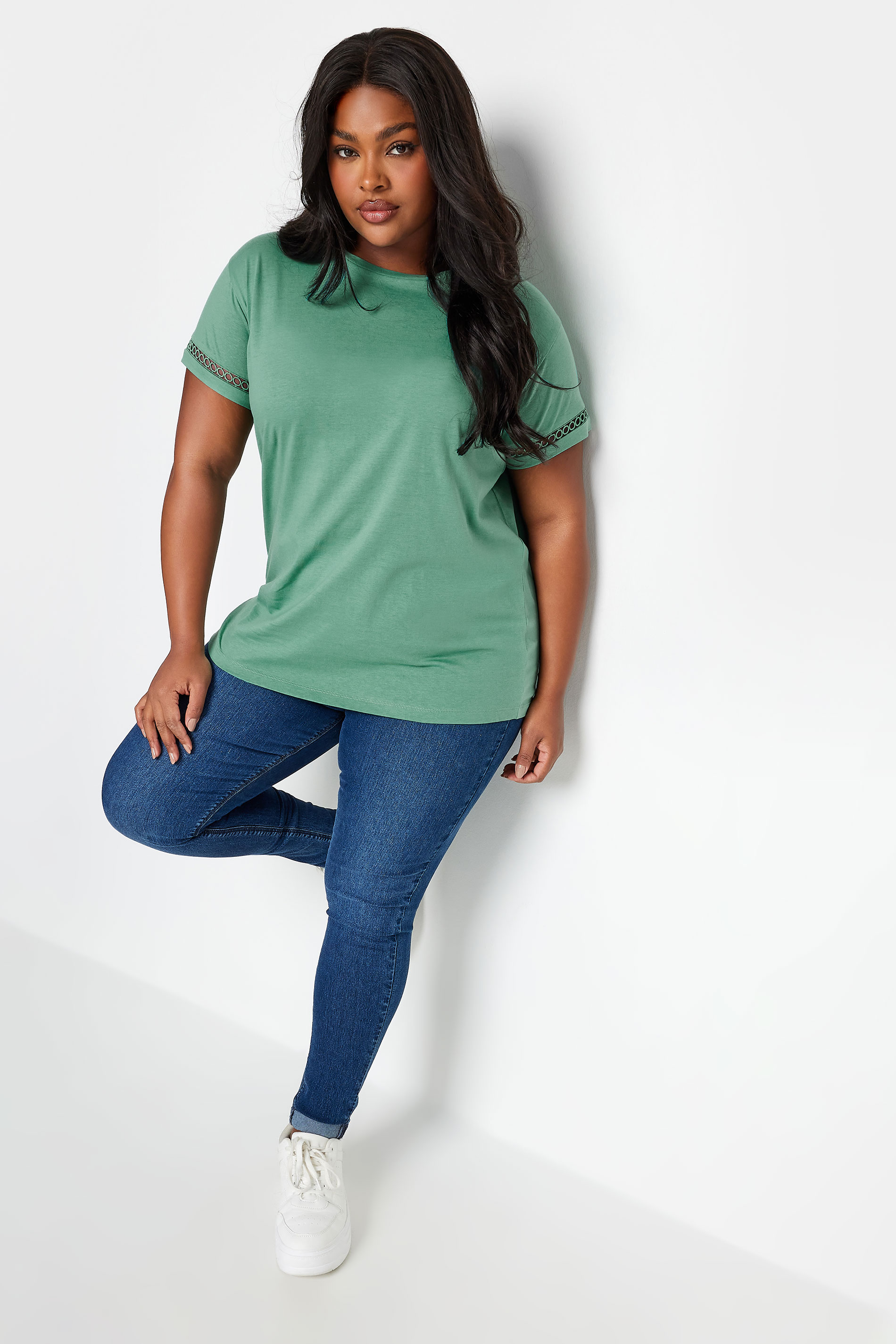 LIMITED COLLECTION Plus Size Green Crochet Trim Short Sleeve T-Shirt | Yours Clothing 2