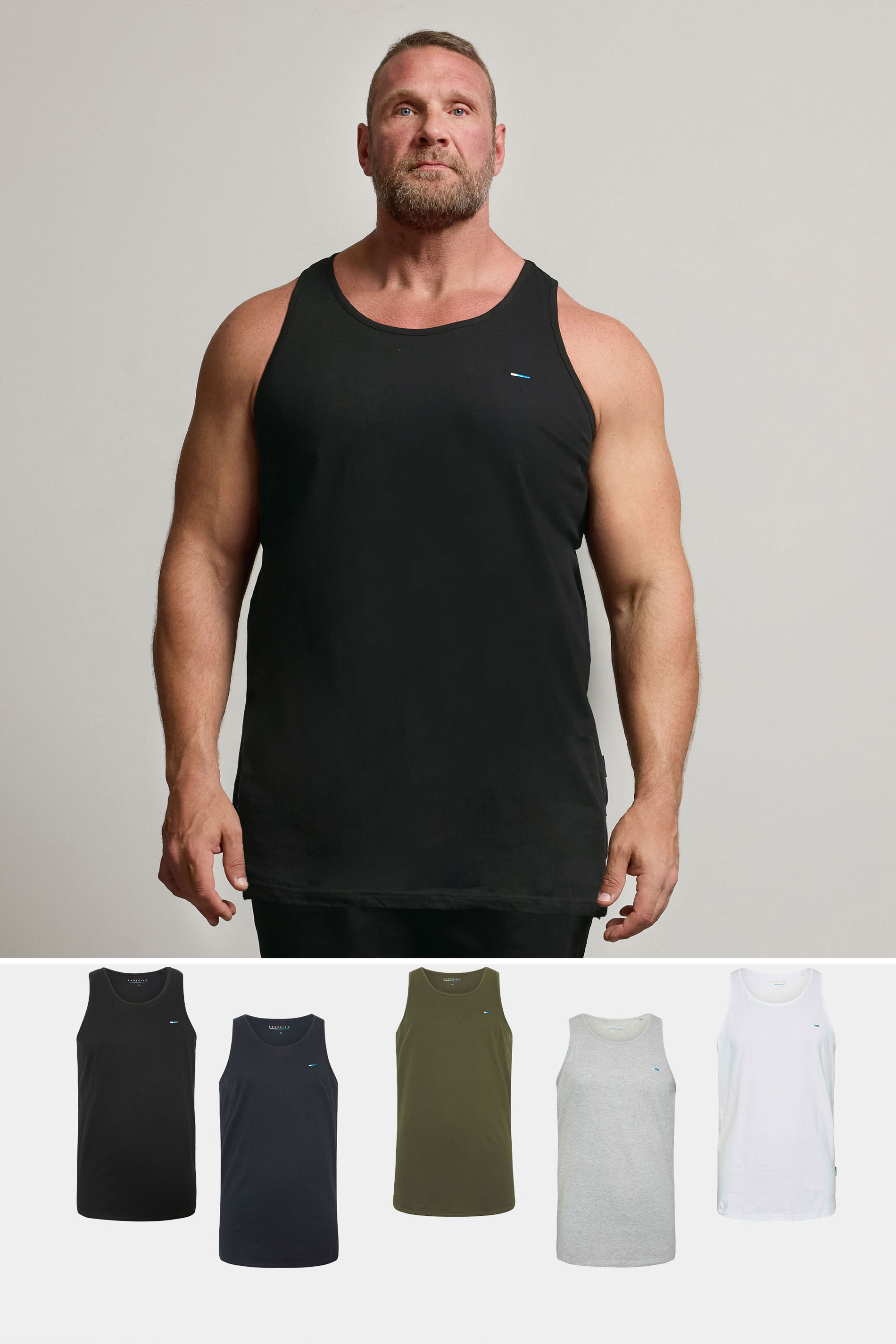 BadRhino Big & Tall 5 Pack Grey/Green/White/Navy/Black Extra Long Plain Vest Top | BadRhino 1