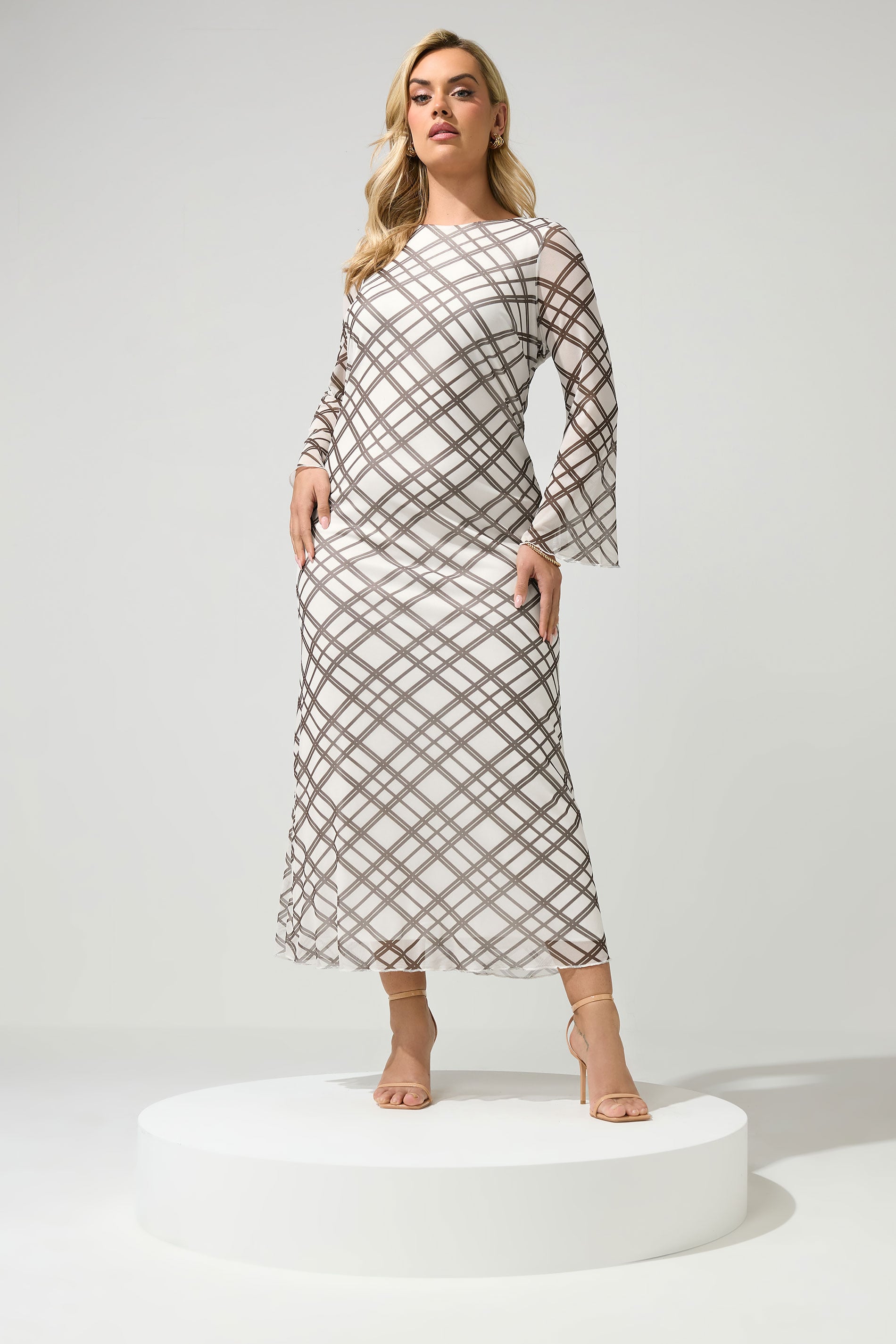 YOURS LONDON Plus Size Ivory White & Brown Checked Mesh Dress | Yours Clothing 1
