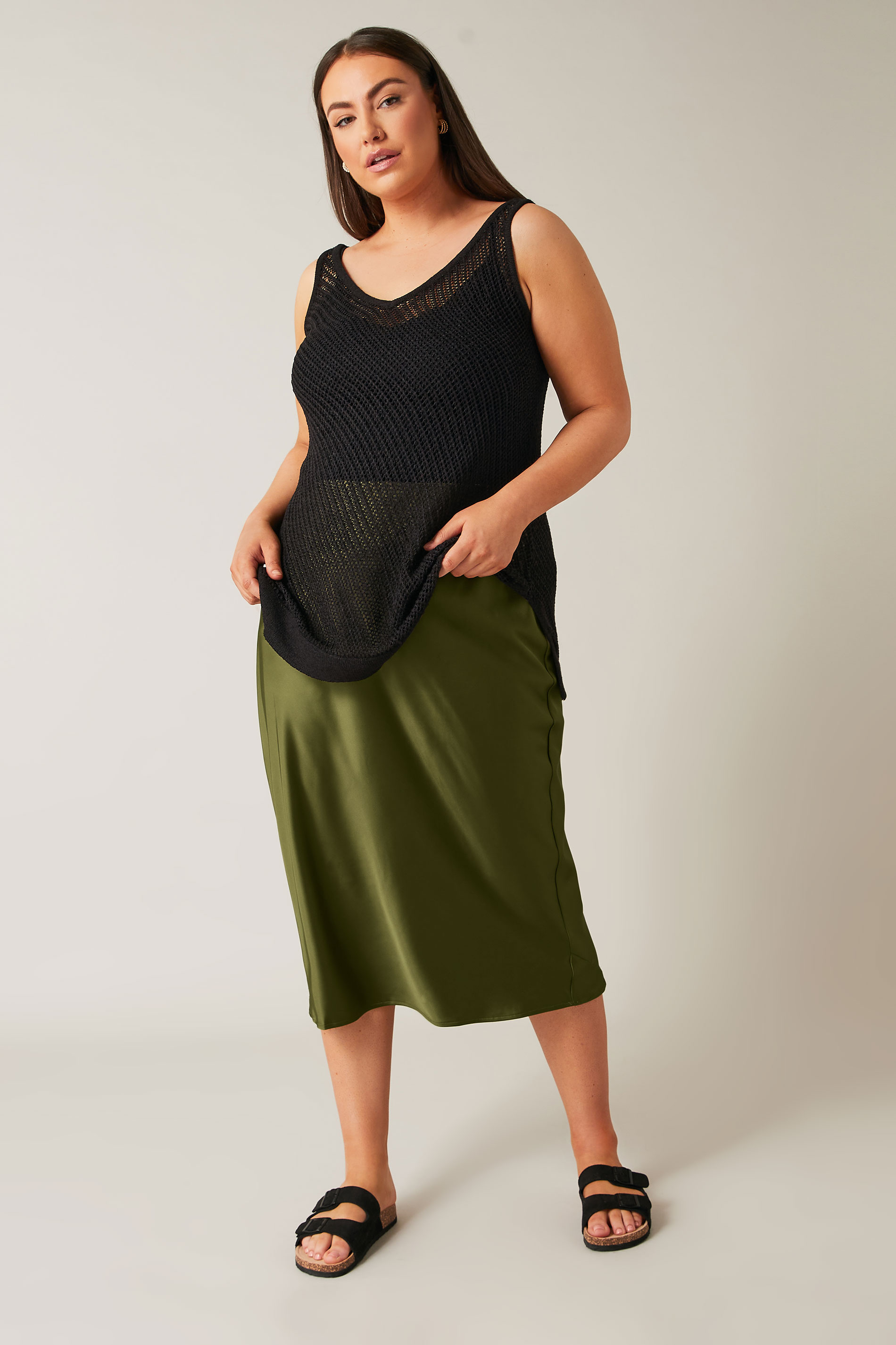 EVANS Plus Size Khaki Green Midi Satin Skirt | Evans  3