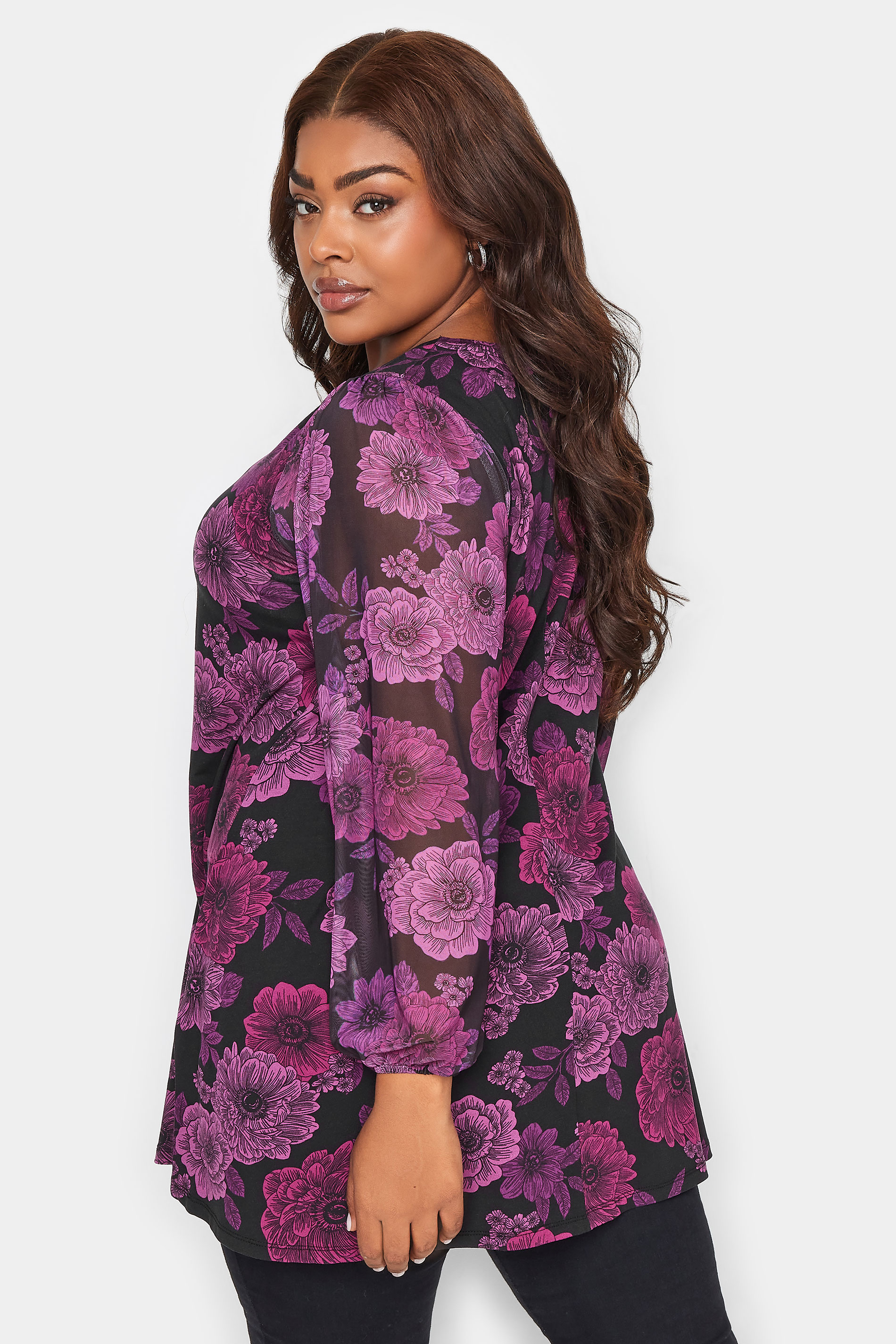 YOURS Plus Size Purple Floral Print Mesh Sleeve Pleated Top | Yours Clothing  3