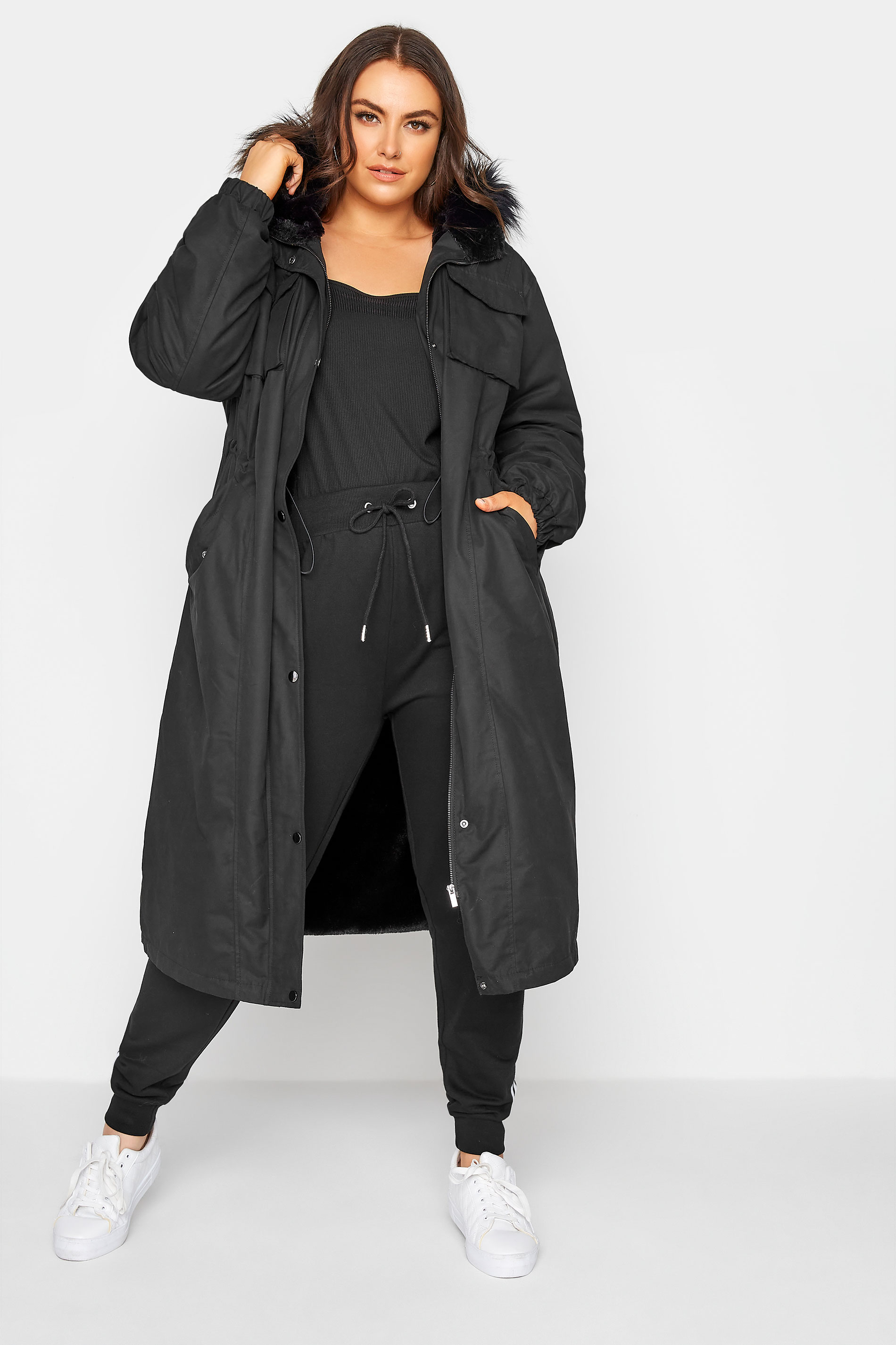 Plus Size Black Faux Fur-Lined Maxi Coat | Yours Clothing 2