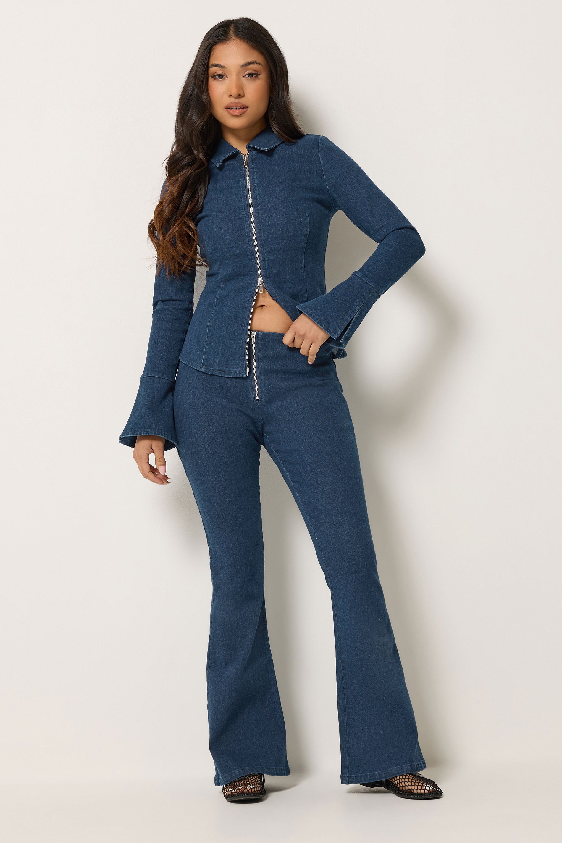 PixieGirl Petite Women's Indigo Blue Zip Front Kick Flare Jeans | PixieGirl  3