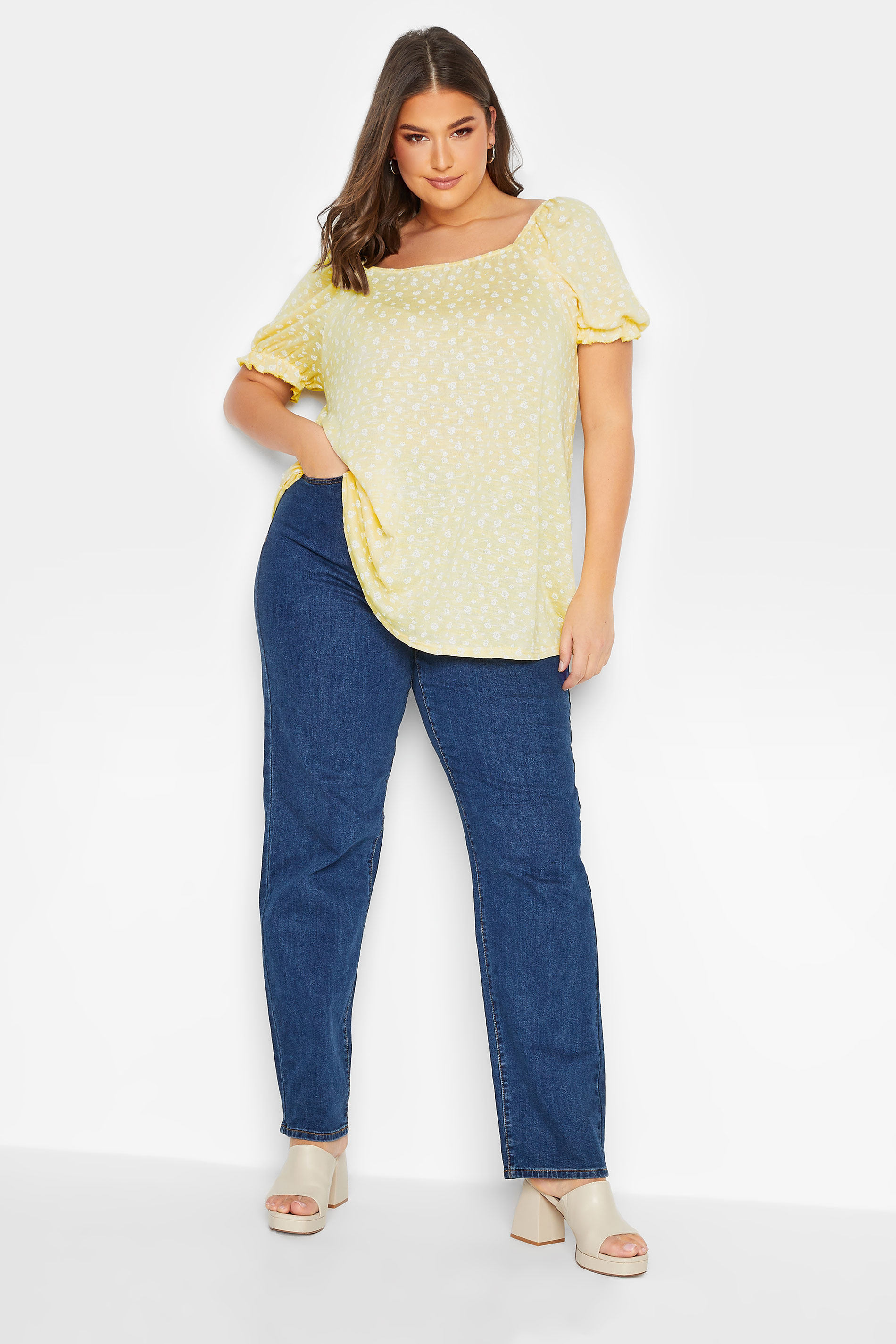 YOURS Plus Size Yellow Marl Ditsy Floral Top | Yours Clothing 3