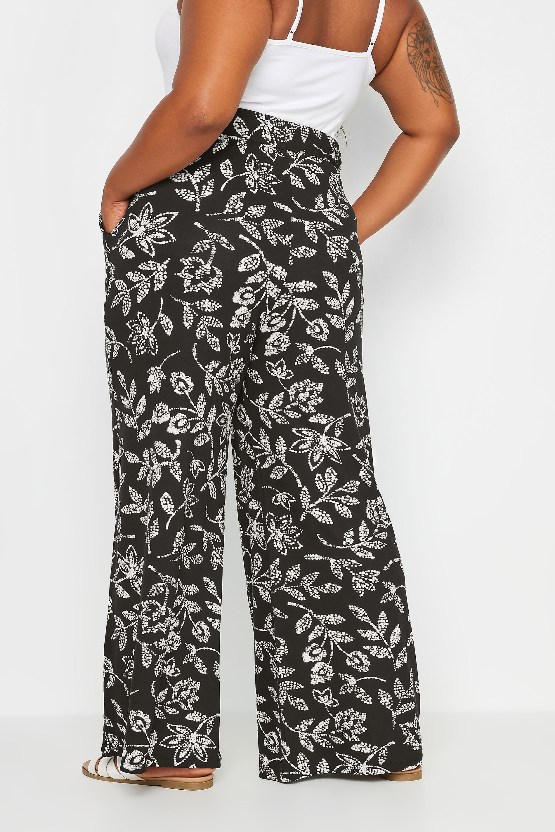 YOURS Plus Size Black Vine Print Wide Leg Jersey Trousers | Yours Clothing 3