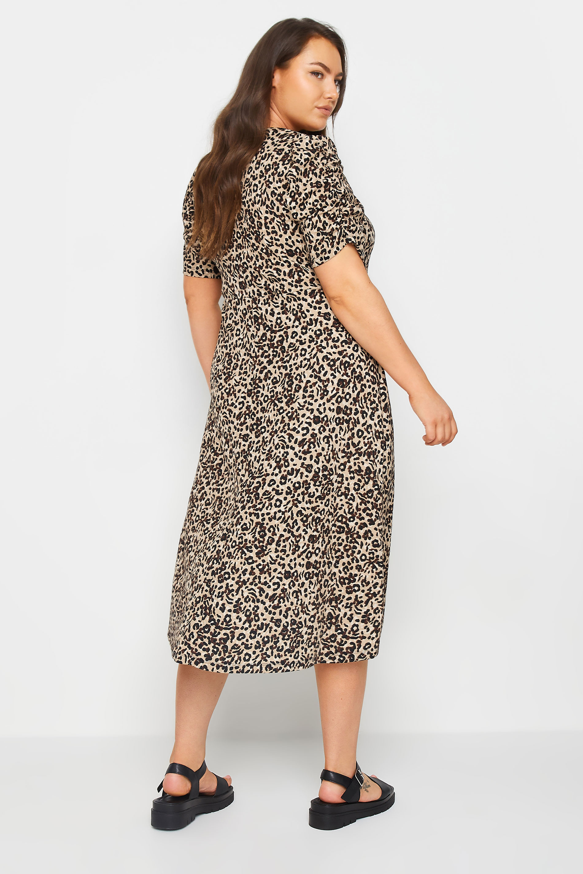 YOURS Plus Size Natural Brown Leopard Print Textured Milkmaid Dress | Yours Clothing 3