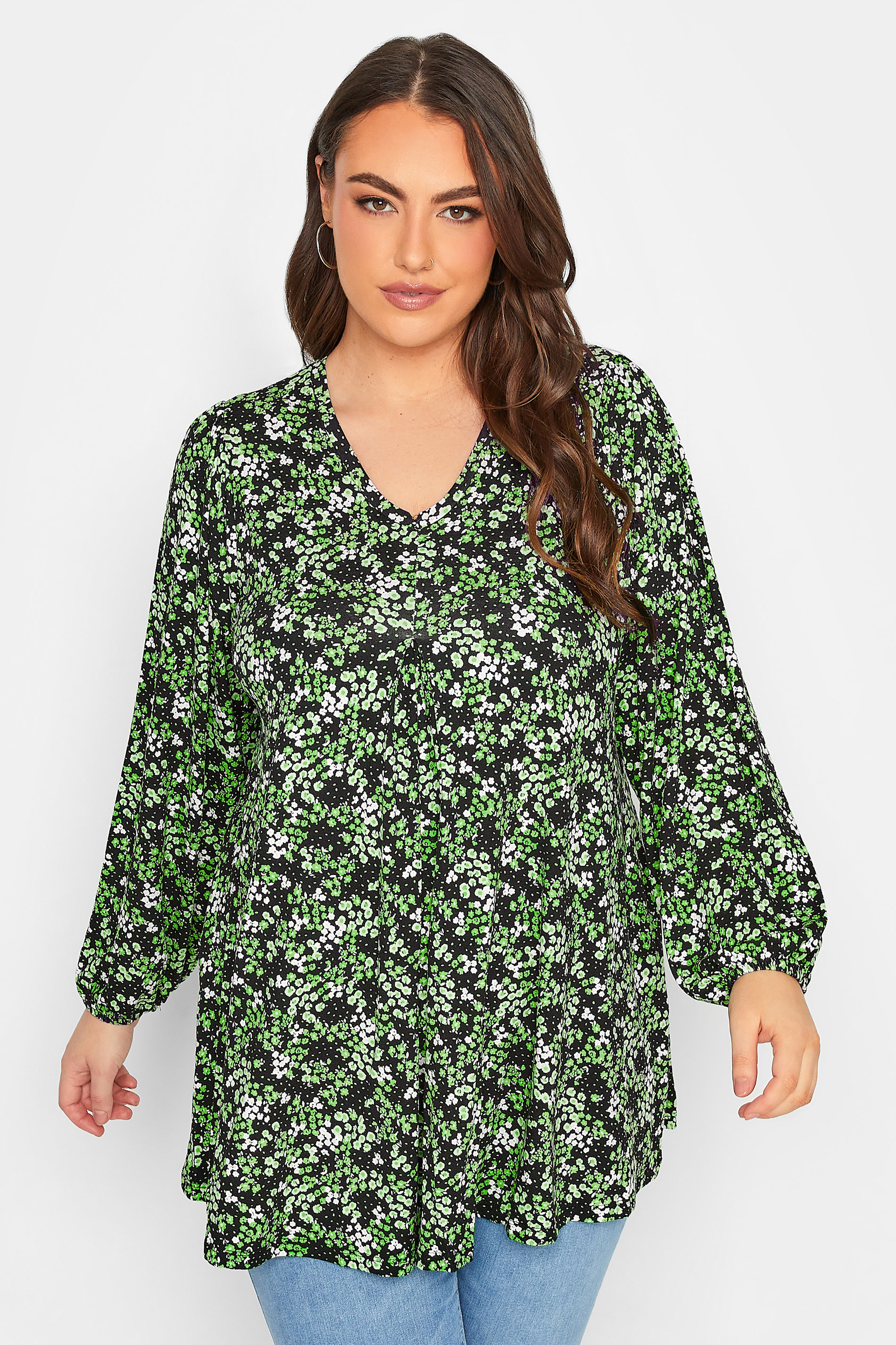 Curve Plus Size Green & Black Floral Print Balloon Sleeve Pleat Top | Yours Clothing  1