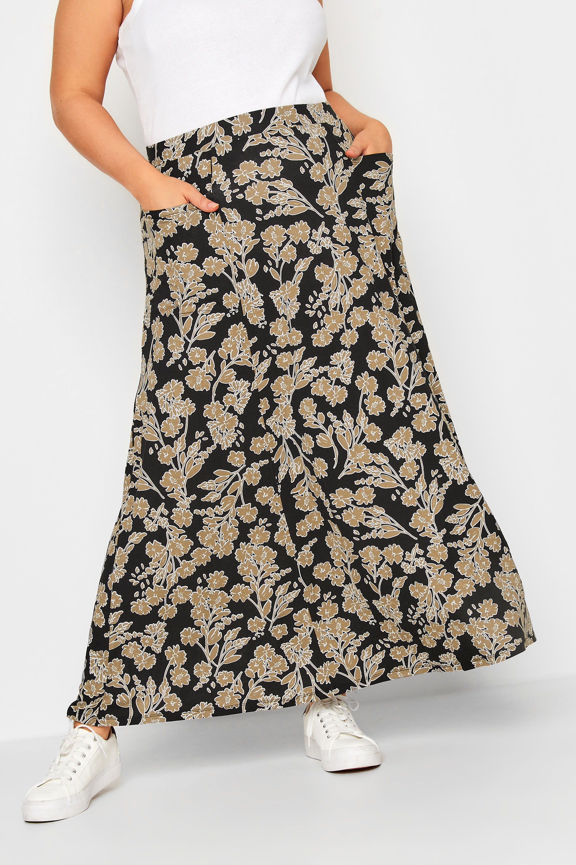 YOURS Curve Black Floral Print Pocket Detail Maxi Skirt | Yours Clothing 1