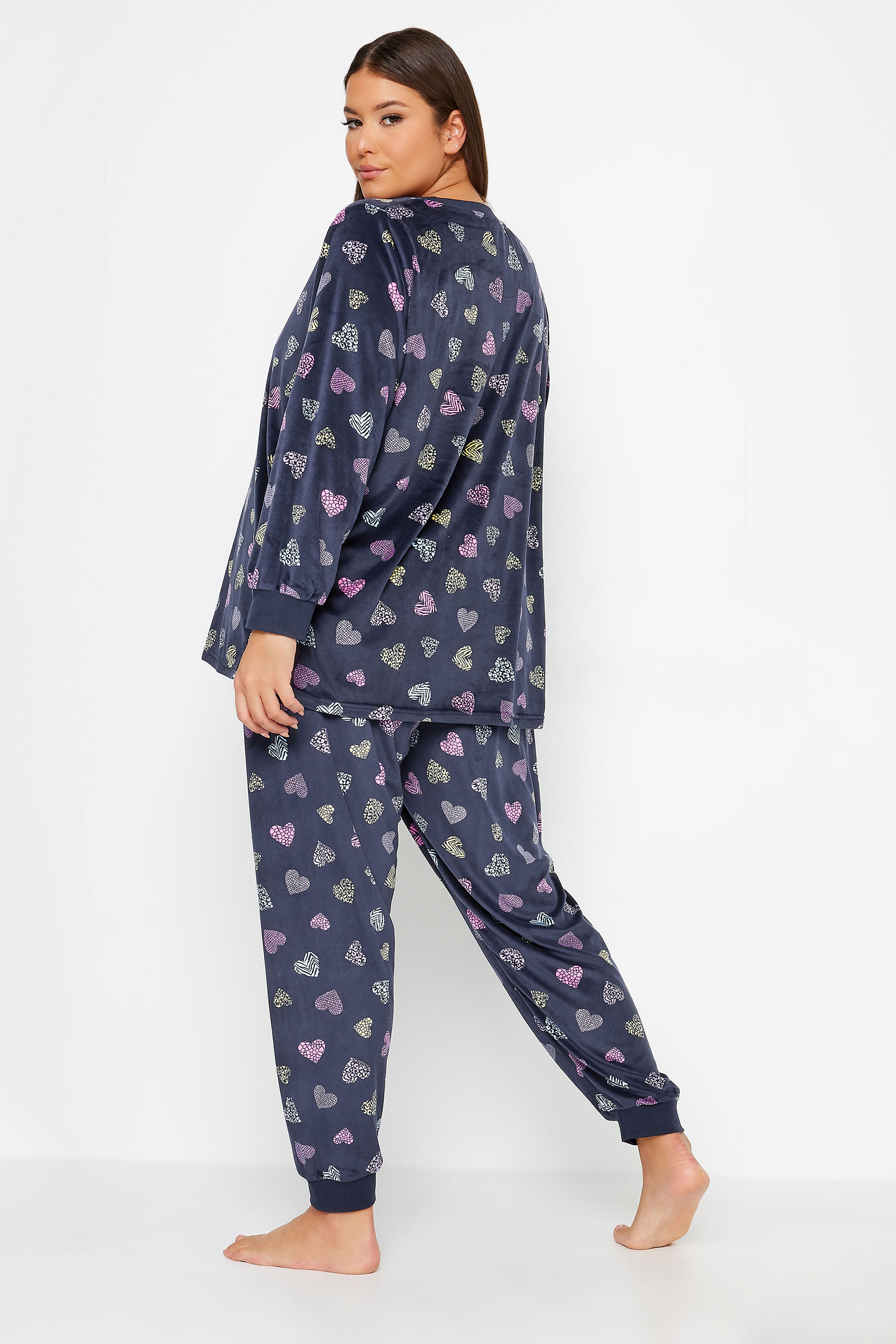 YOURS Plus Size Blue Heart Print Velour Lounge Set | Yours Clothing 3