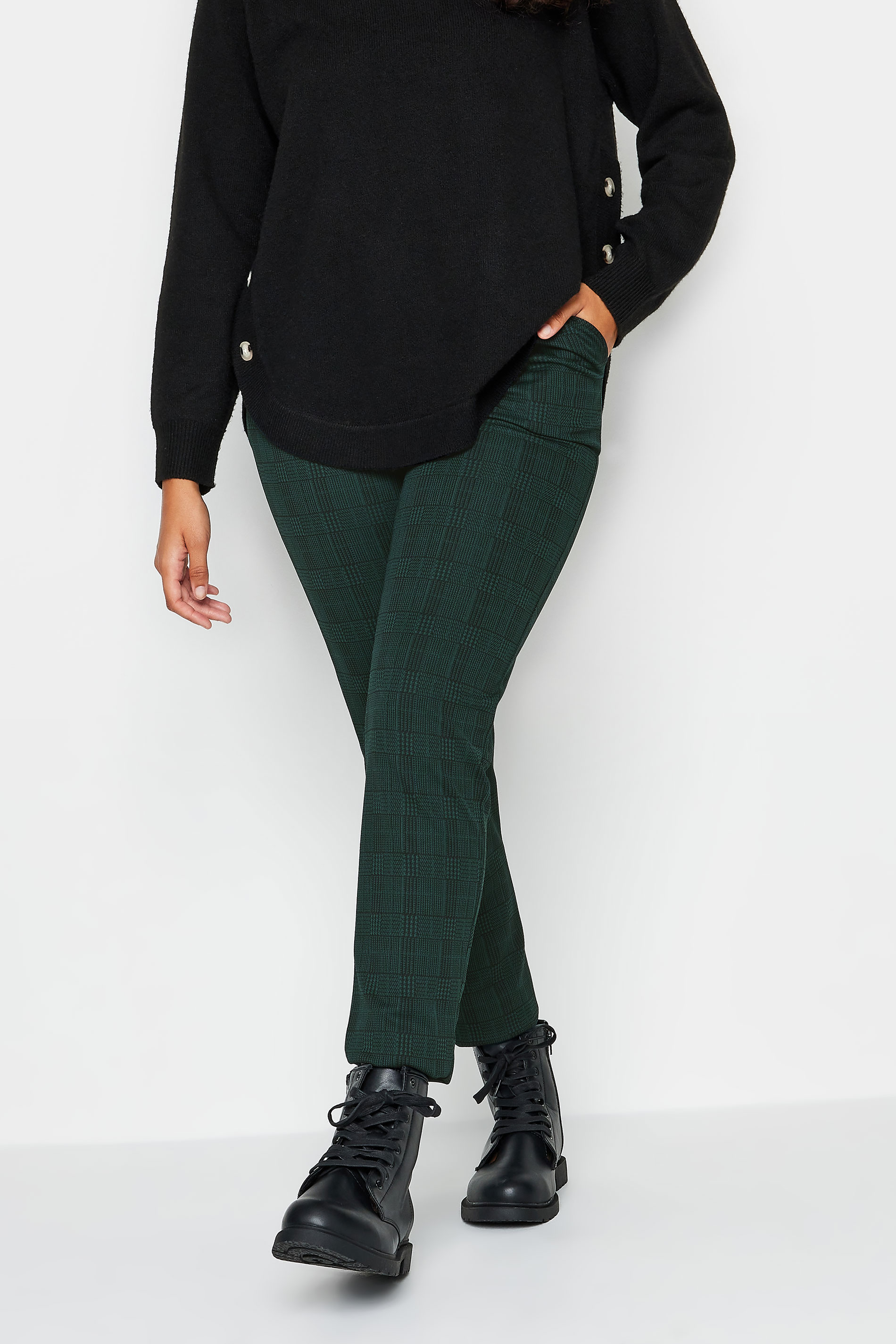 M&Co Petite Teal Green Check Print Slim Leg Trousers | M&Co 1