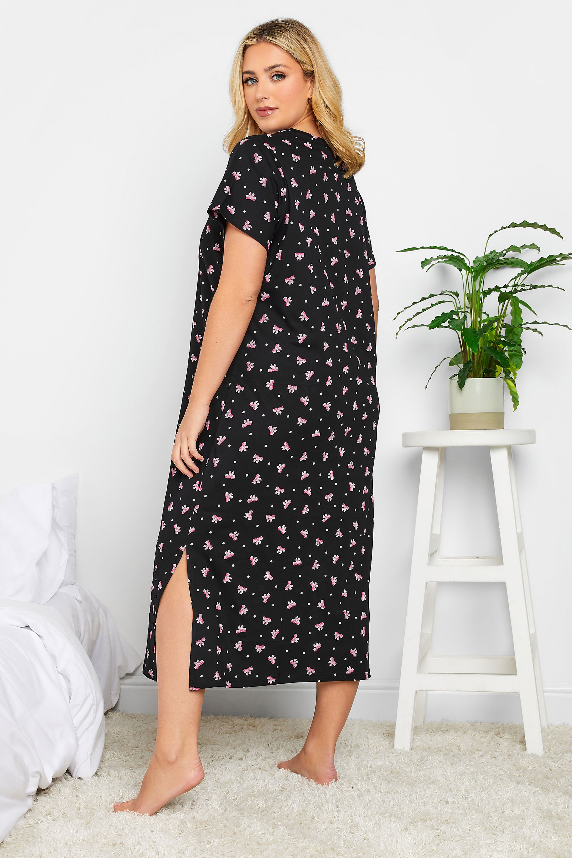 Plus Size Black Bow Polka Dot Print Midaxi Nightdress | Yours Clothing 2