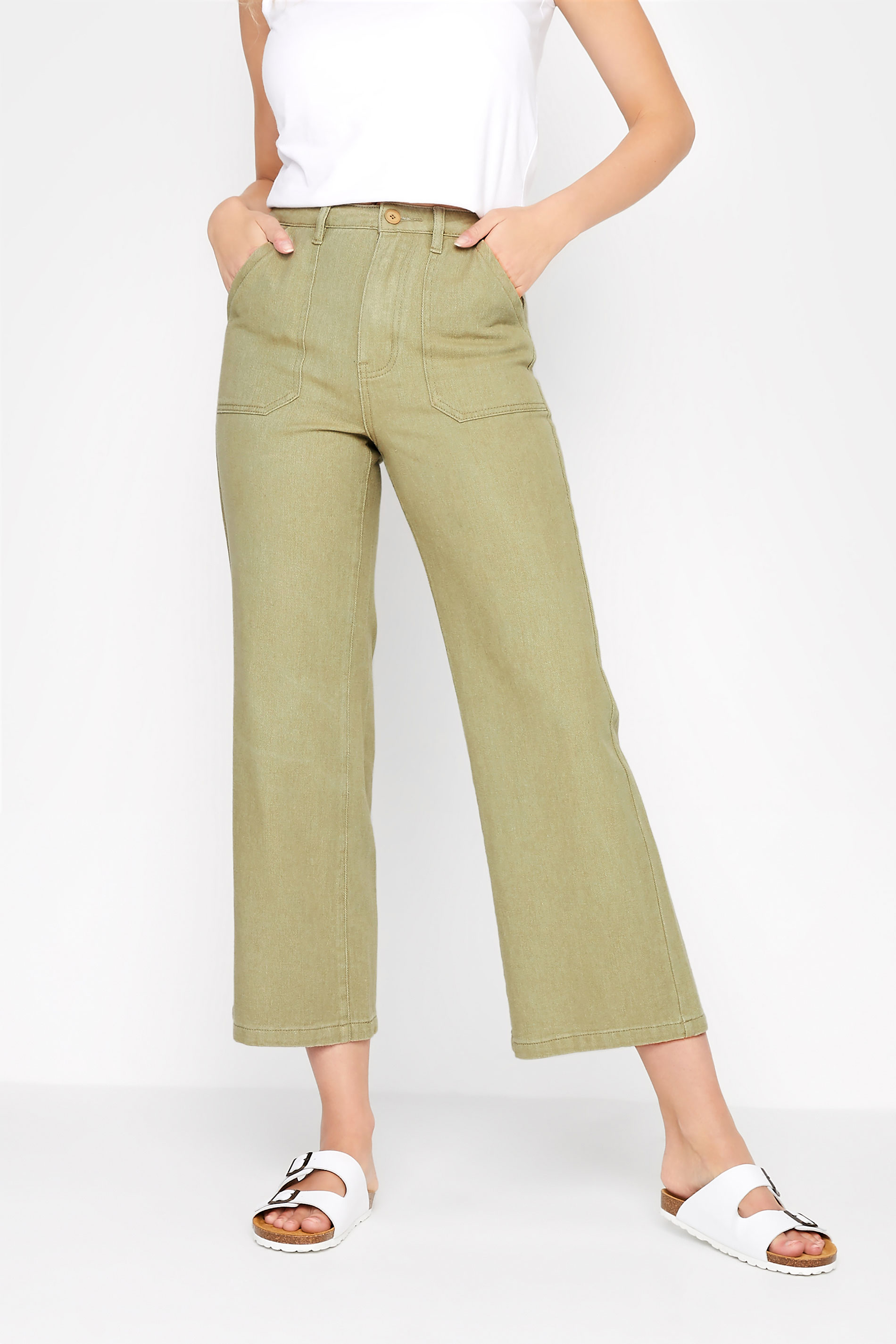 LTS Tall Green Cotton Twill Wide Leg Cropped Trousers 1