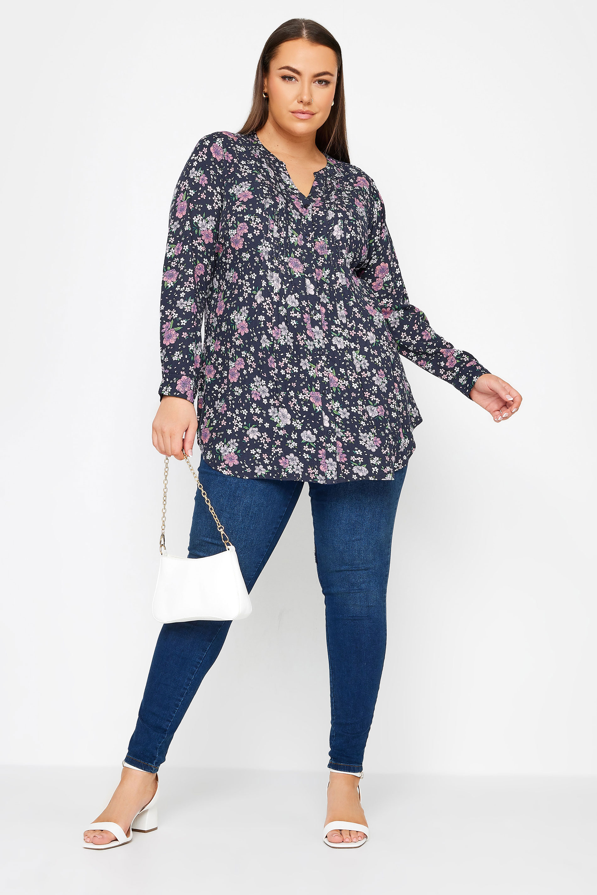 YOURS Plus Size Navy Blue Floral Print Pintuck Blouse | Yours Clothing 2