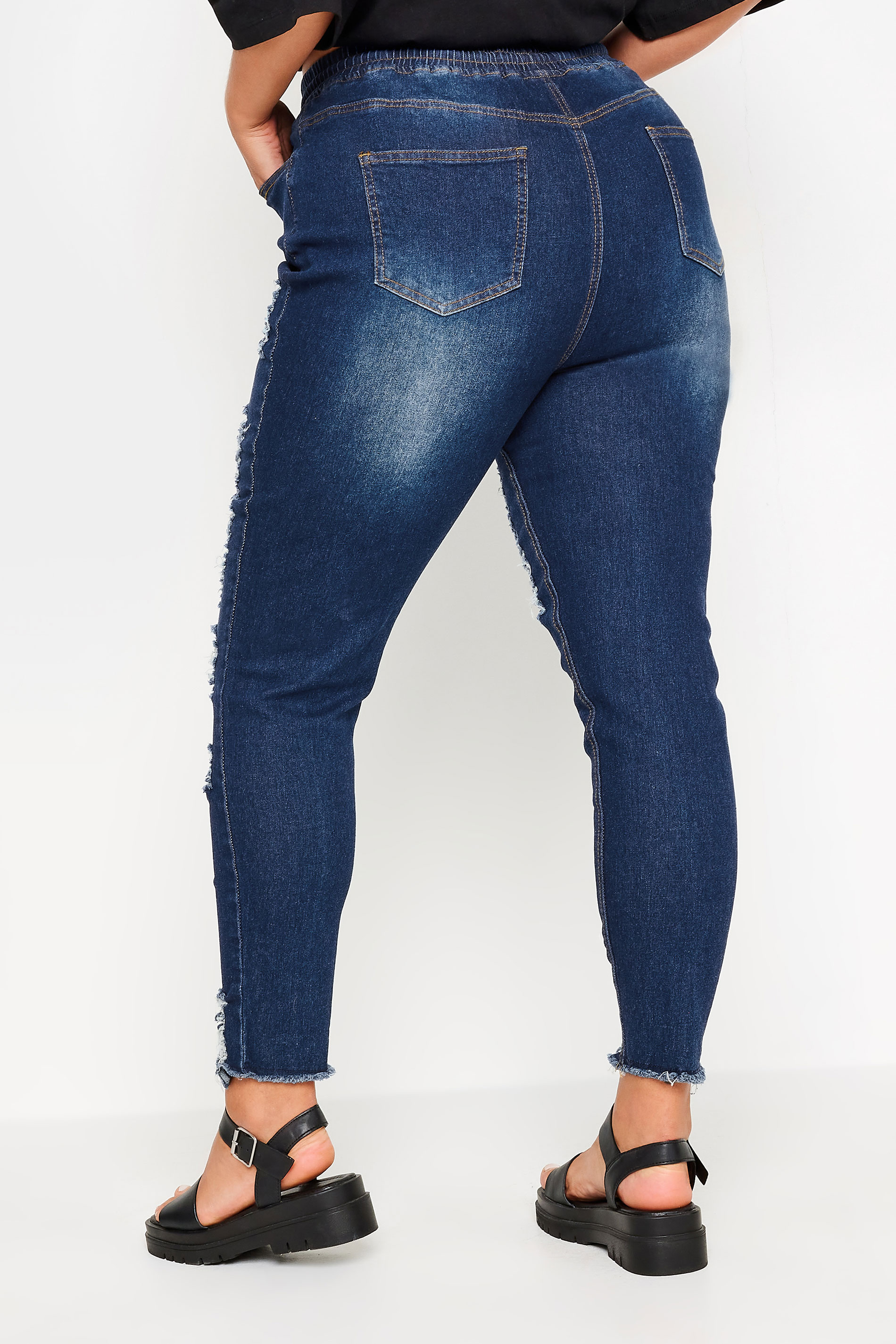Plus Size Blue Elasticated Waist Ripped Skinny AVA Jeans | Yours Clothing  3
